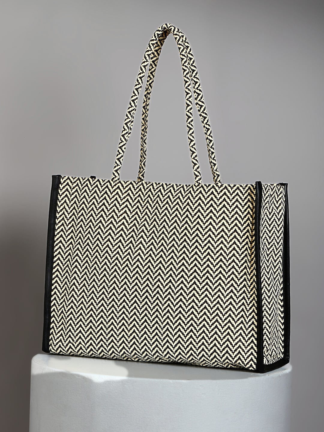 

DEEBACO Geometric Printed Oversized Fabric Shopper Tote Bag, Cream