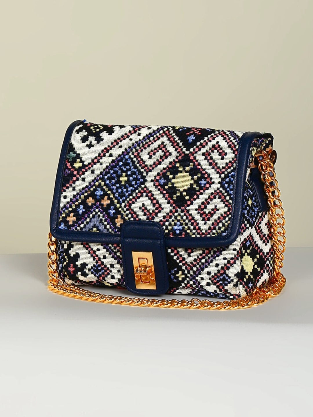 

DEEBACO Ethnic Motifs Printed Fabric Structured Sling Bag, Navy blue