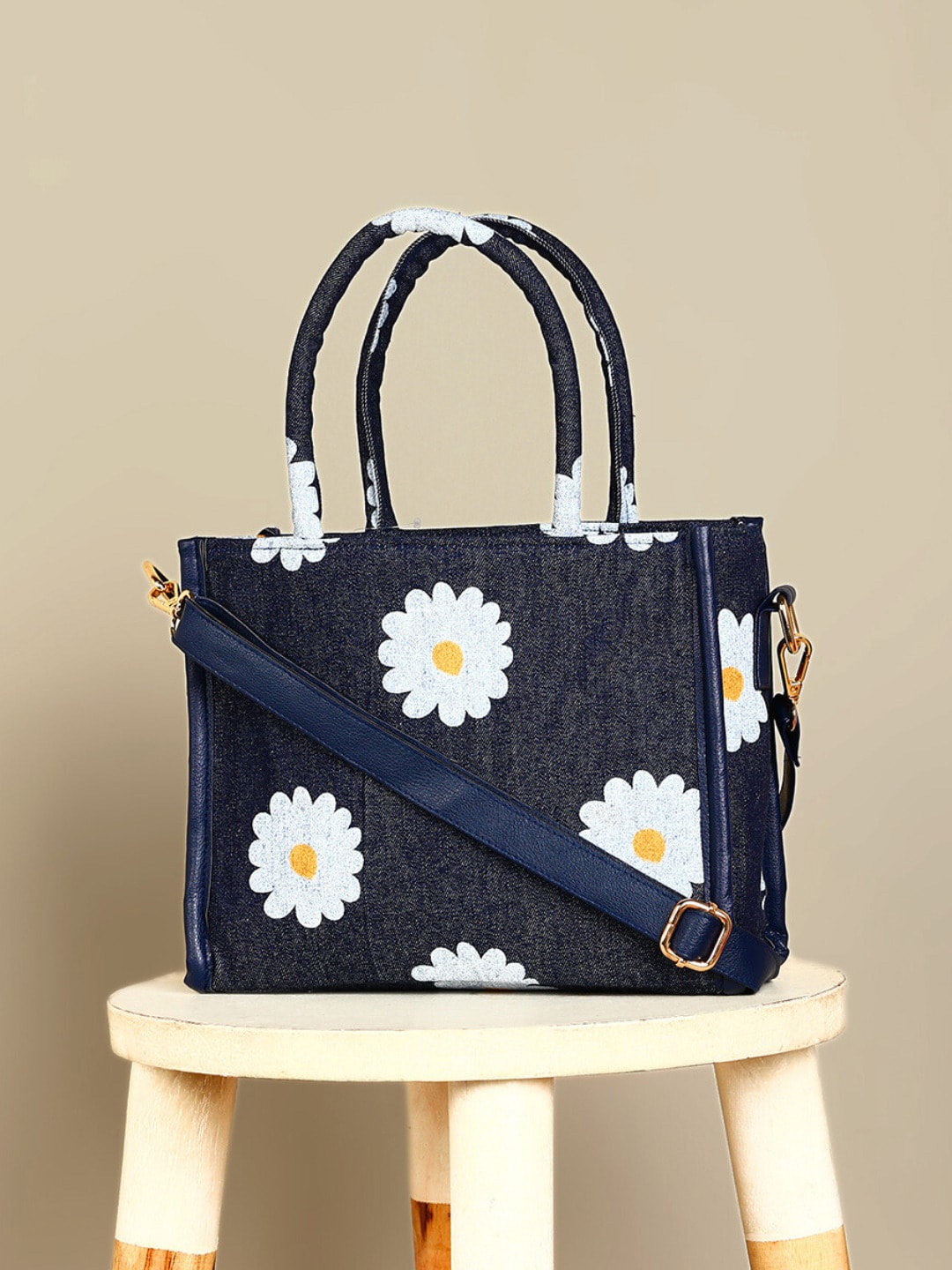 

DEEBACO Floral Printed Fabric Shopper Tote Bag, Blue