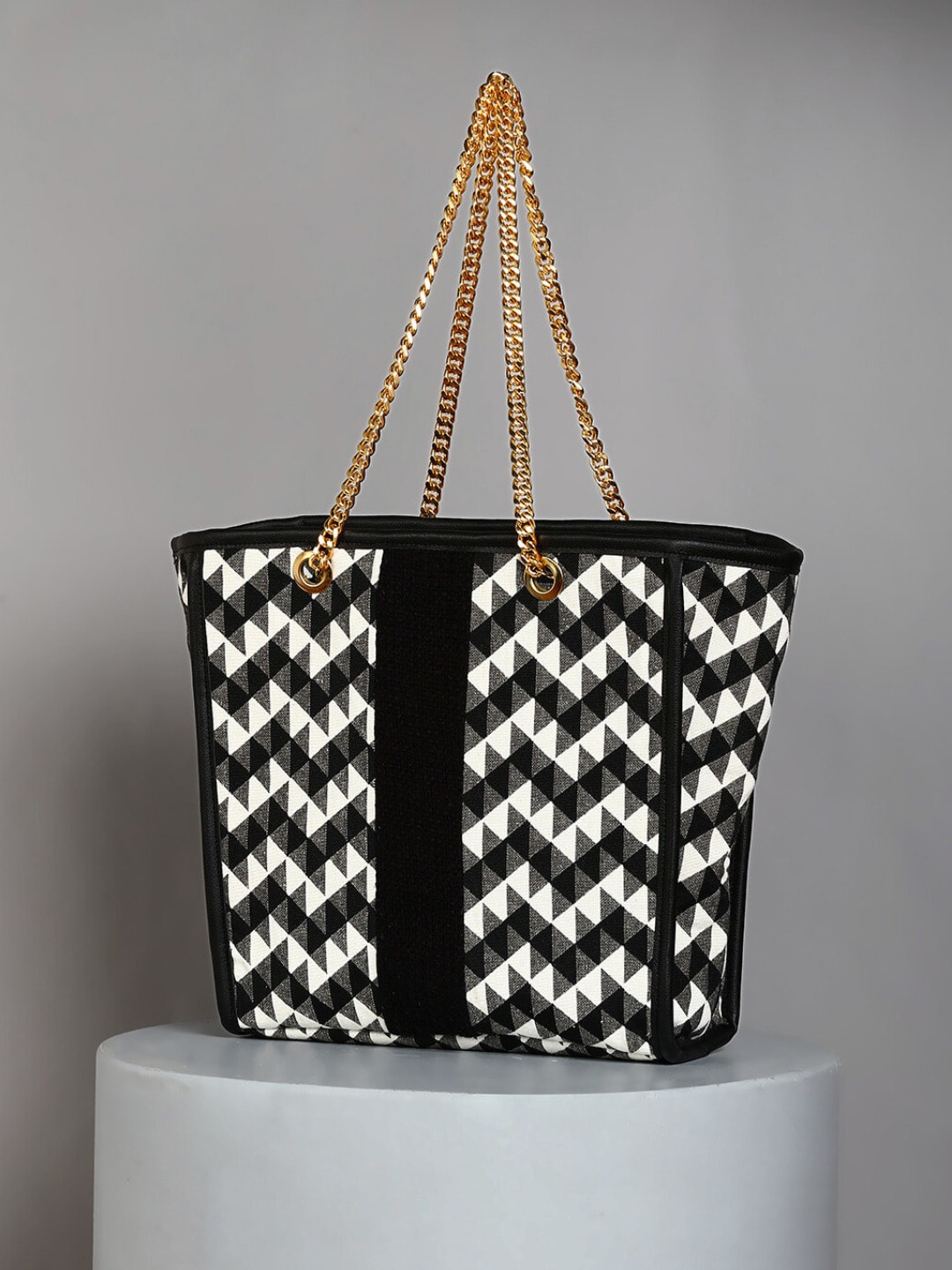 

DEEBACO Geometric Printed Oversized Shopper Fabric Tote Bag, Black