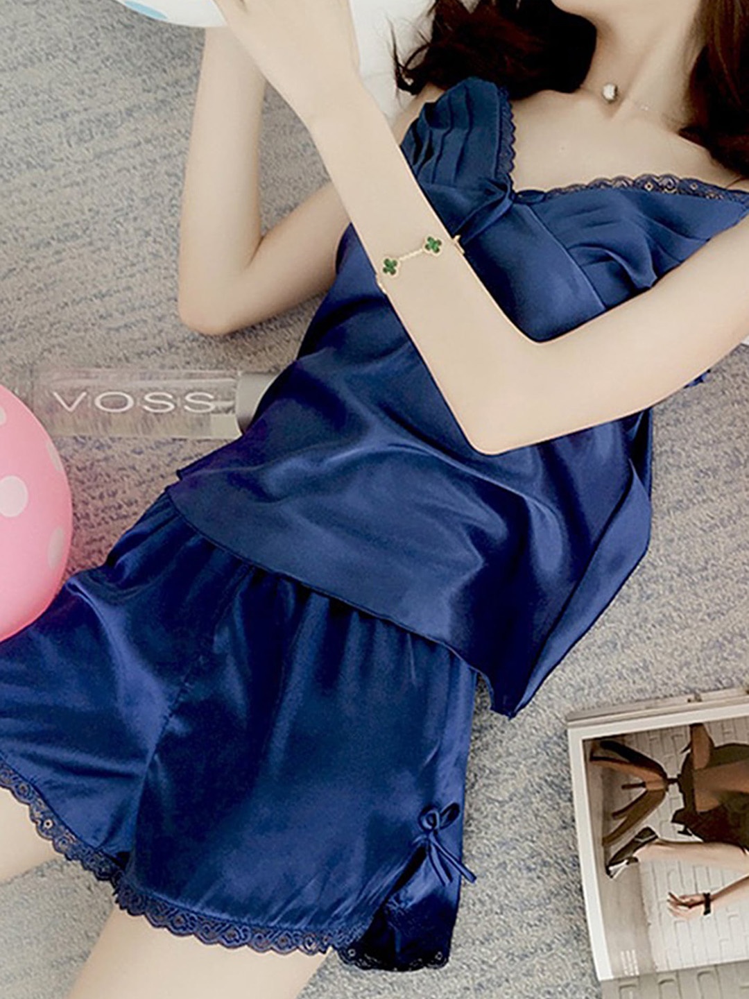 

LULU & SKY V-Neck Sleeveless Satin Top With Short, Blue