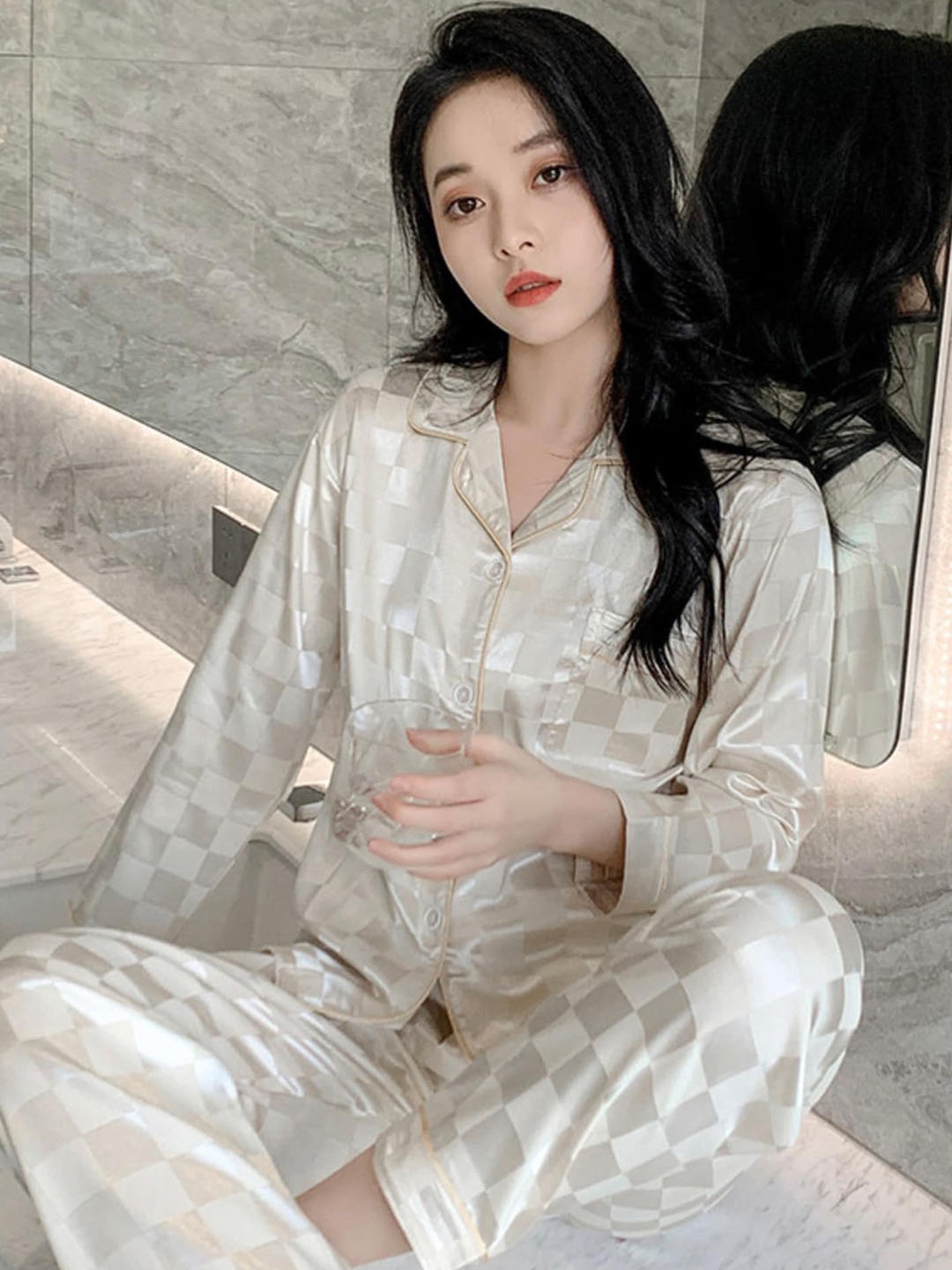 

LULU & SKY Checked Printed Lapel Collar Long Sleeves Night suit, Champagne