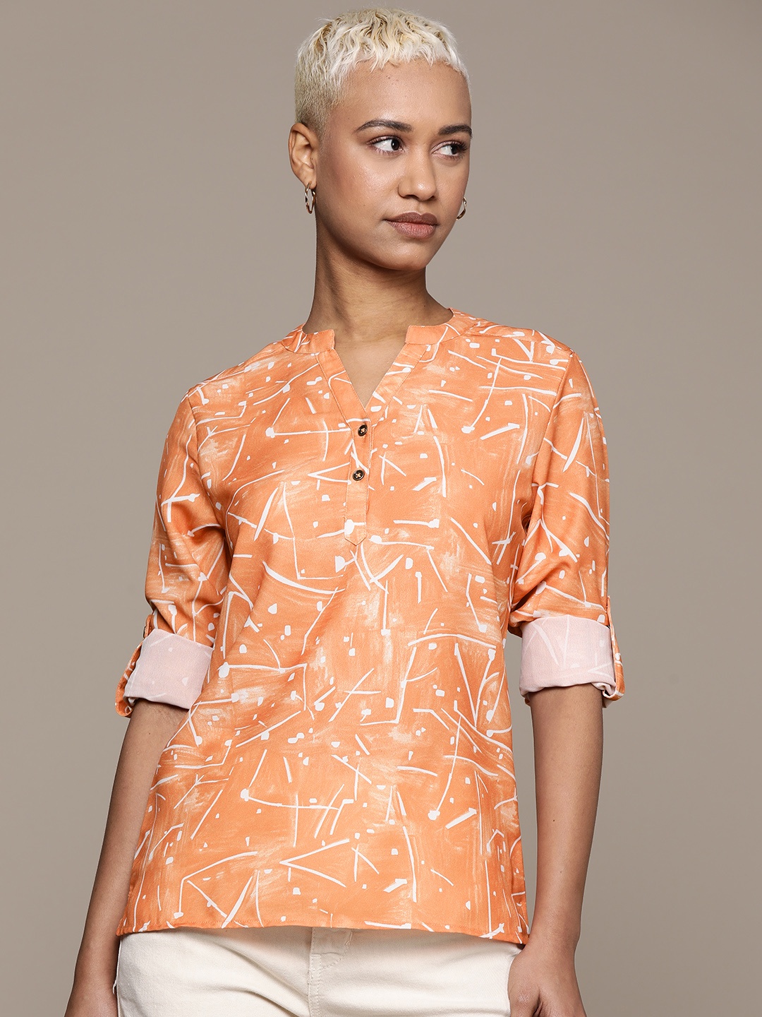 

Roadster Printed Mandarin Collar Roll-Up Sleeves Top, Orange