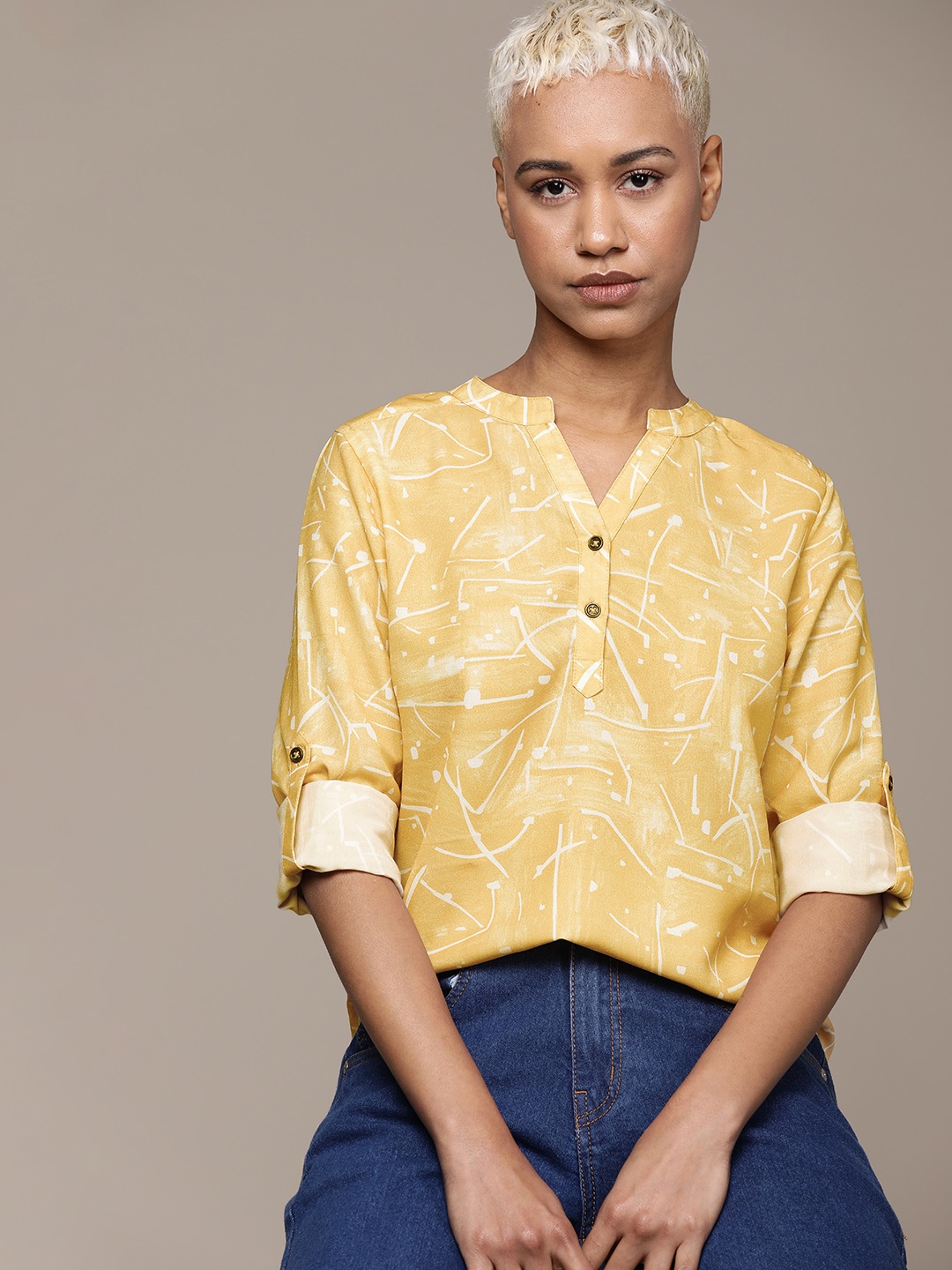 

Roadster Print Mandarin Collar Roll-Up Sleeves Shirt Style Top, Yellow