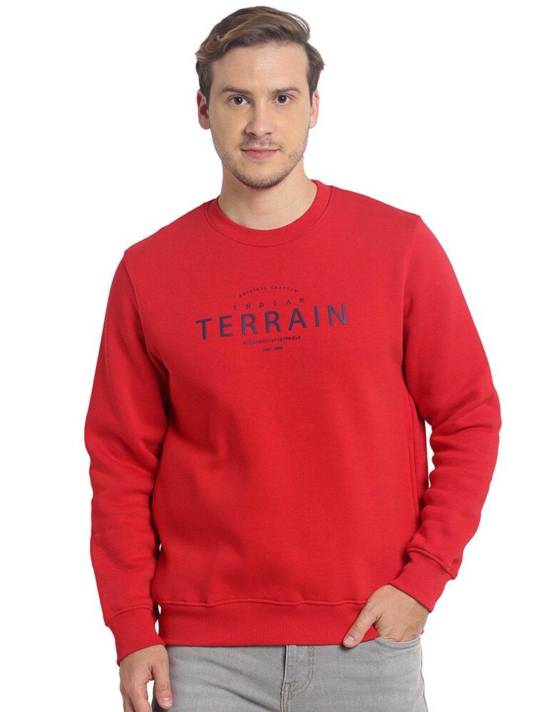 

Indian Terrain Typography Printed Pullover Sweatshirt, Red