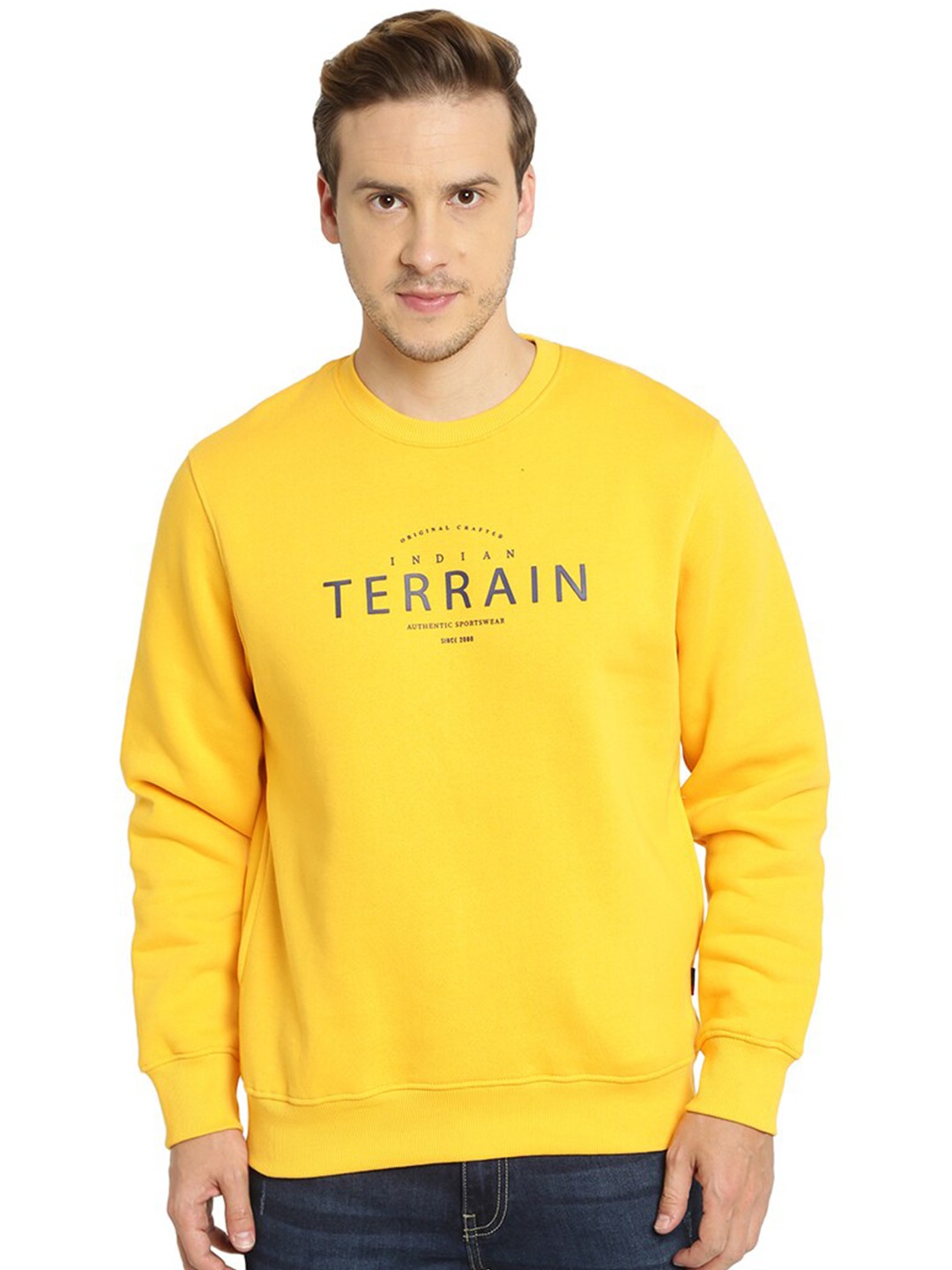 

Indian Terrain Typography Printed Pullover Sweatshirt, Yellow