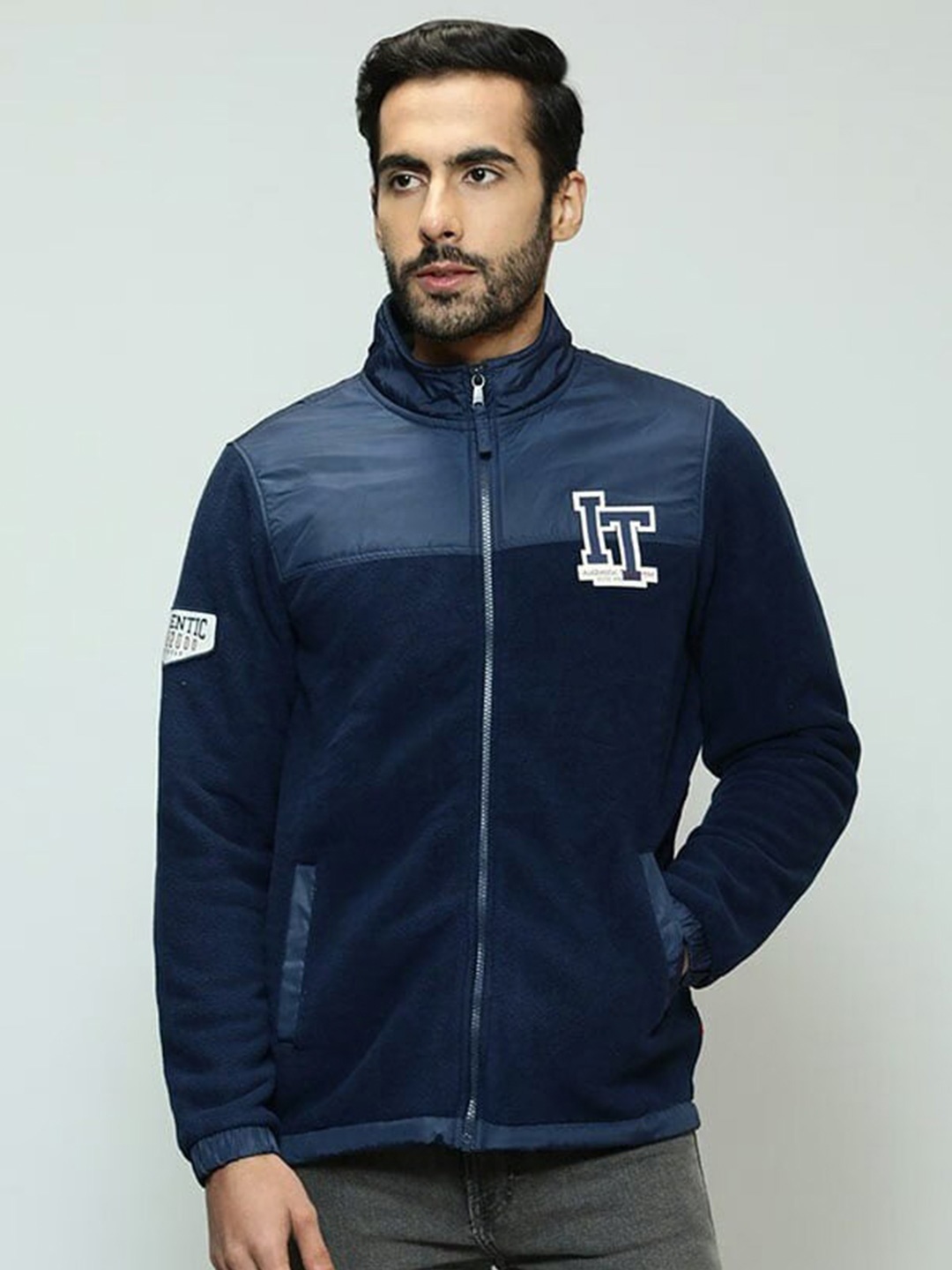 

Indian Terrain Mock Collar Front-Open Sweatshirt, Navy blue