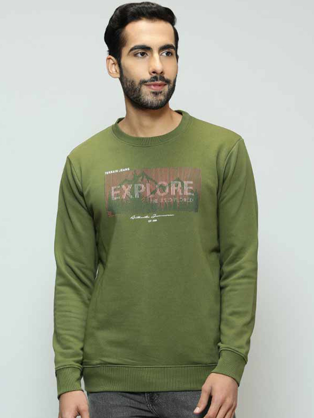 

Indian Terrain Typography Printed Pullover Sweatshirt, Green