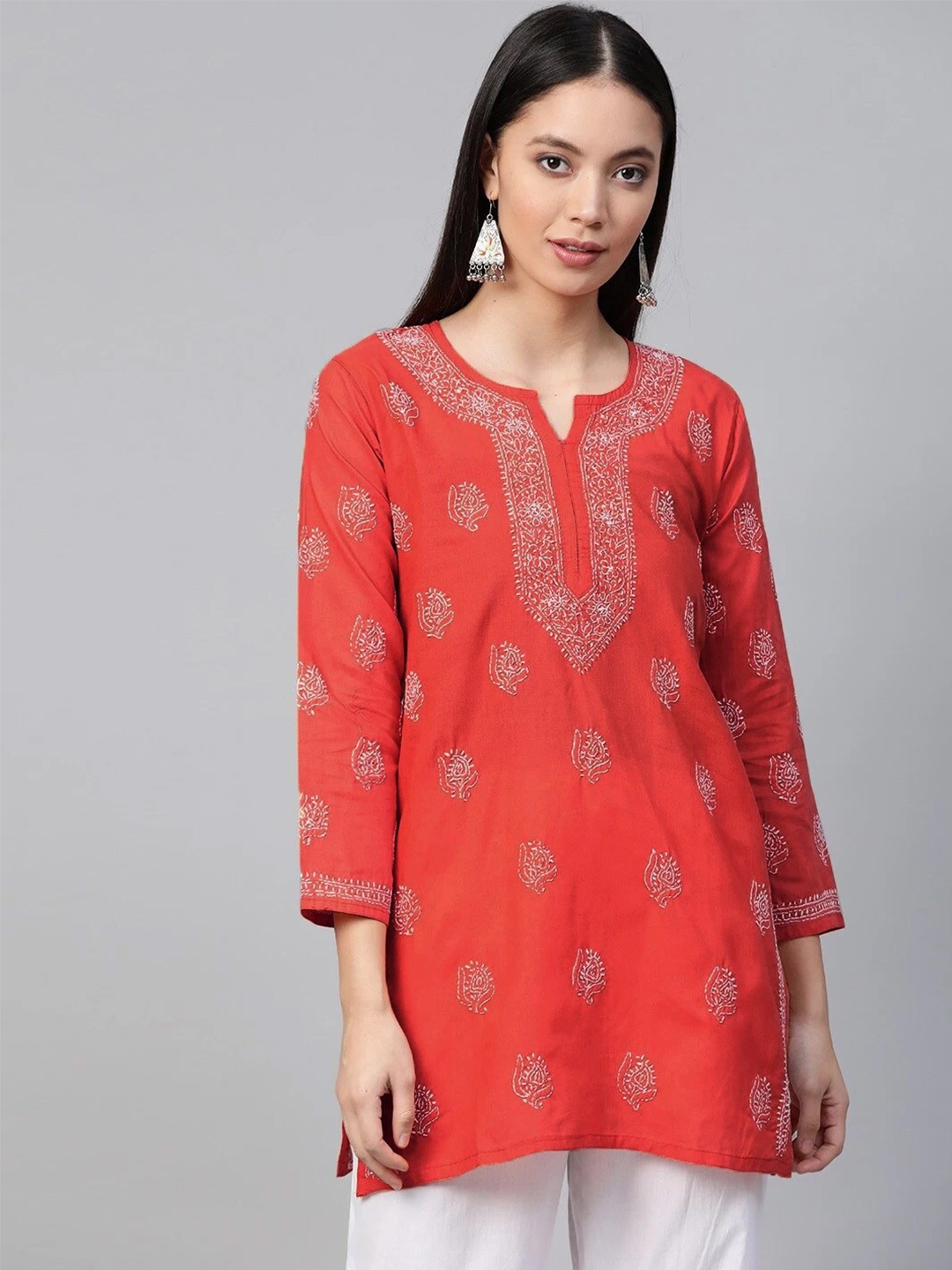 

ADA Ethnic Motifs Embroidered Lucknow Chikankari Pure Cotton Kurti, Coral