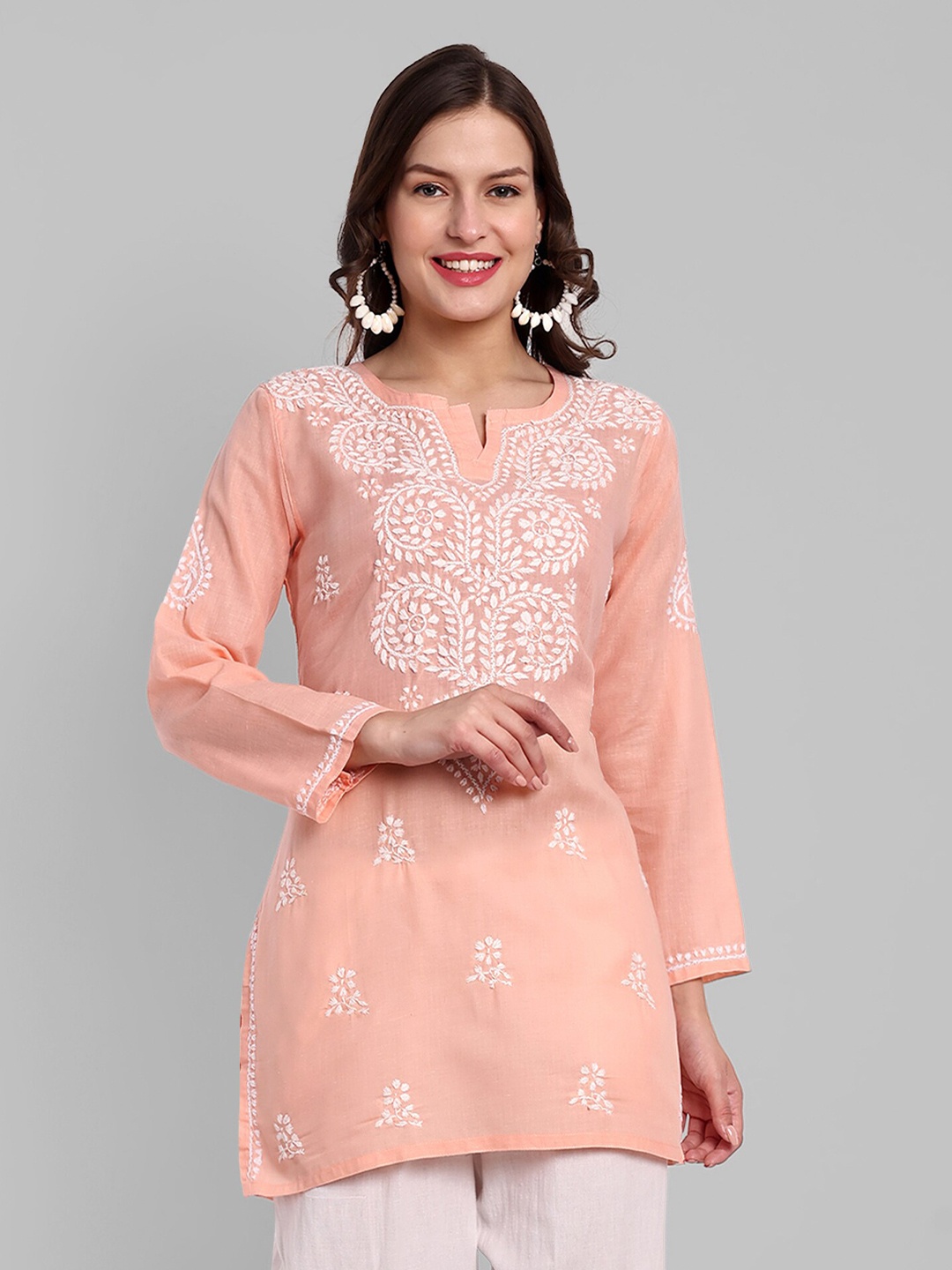 

ADA Ethnic Motifs Chikankari Embroidered Thread Work Pure Cotton Thread Work Kurti, Peach