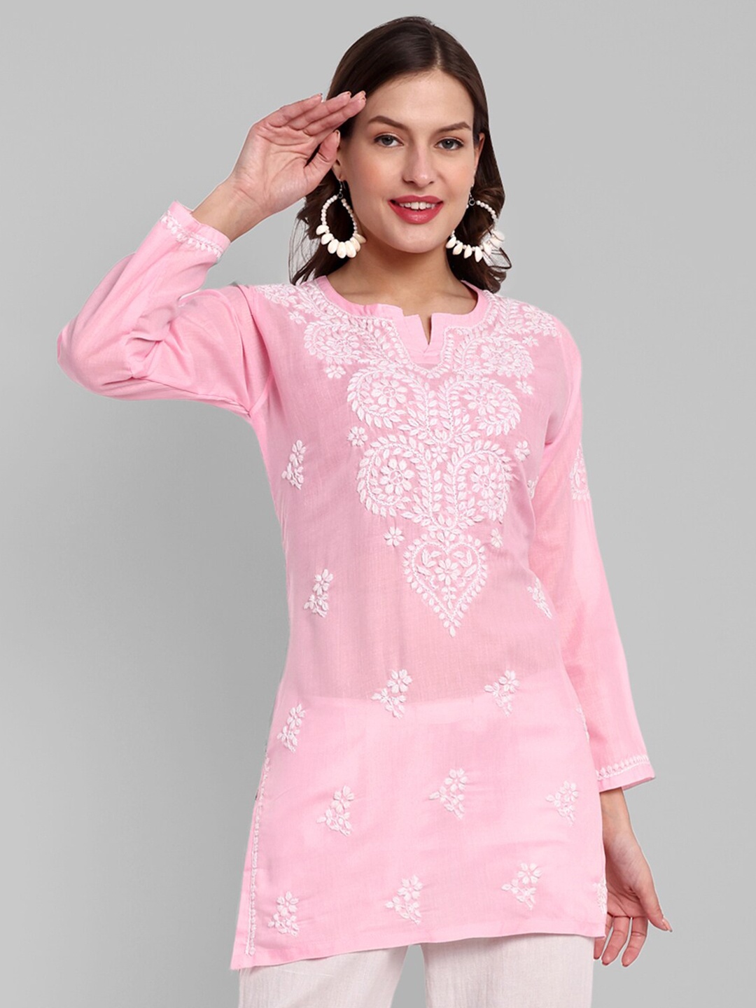 

ADA Ethnic Motifs Chikankari Embroidered Thread Work Pure Cotton Thread Work Kurti, Pink