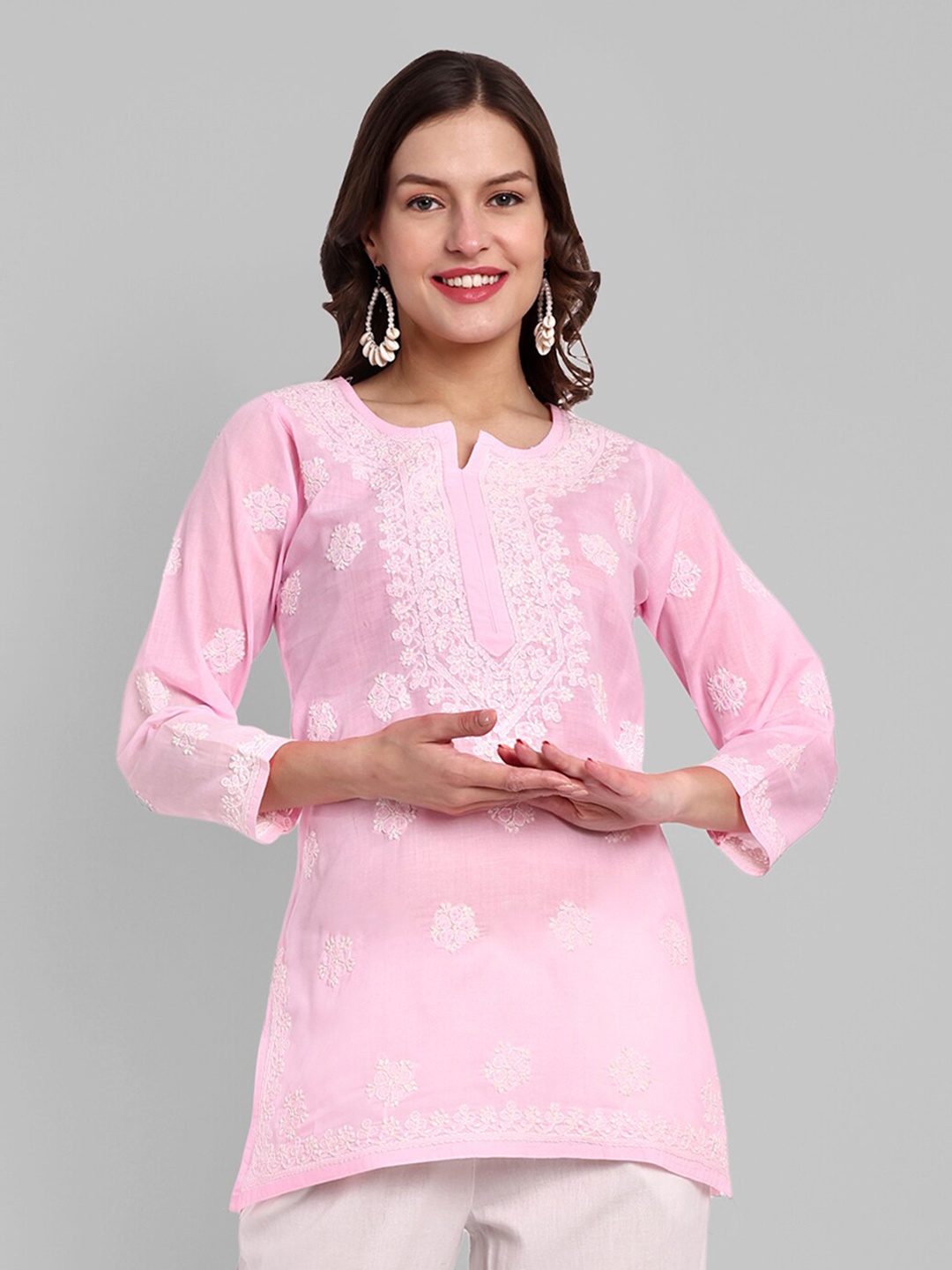 

ADA Ethnic Motifs Chikankari Embroidered Thread Work Pure Cotton Thread Work Kurti, Pink