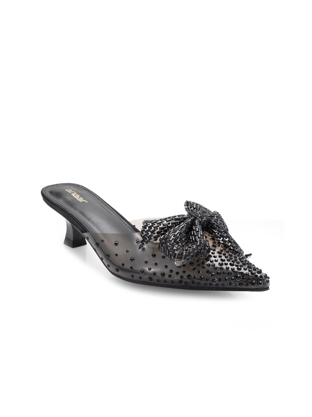 

Anaar Bow Embellished Pointed Toe Kitten Heel Mules, Black