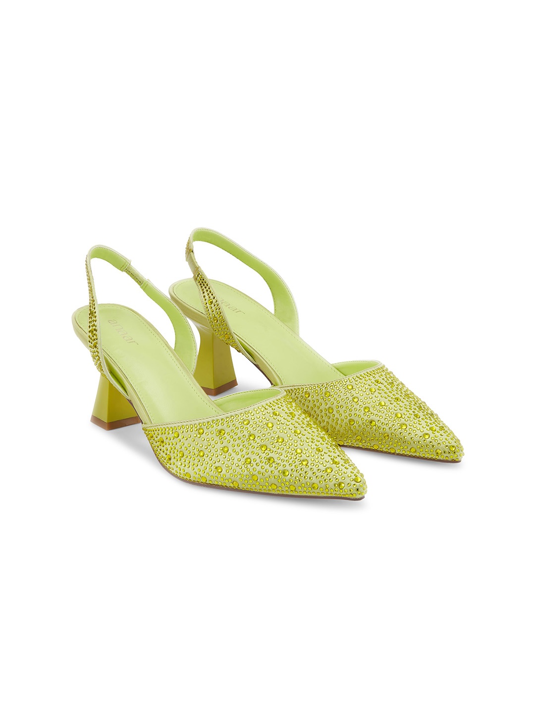 

Anaar Embellished Pointed Toe Party Kitten Pumps With Backstrap, Green