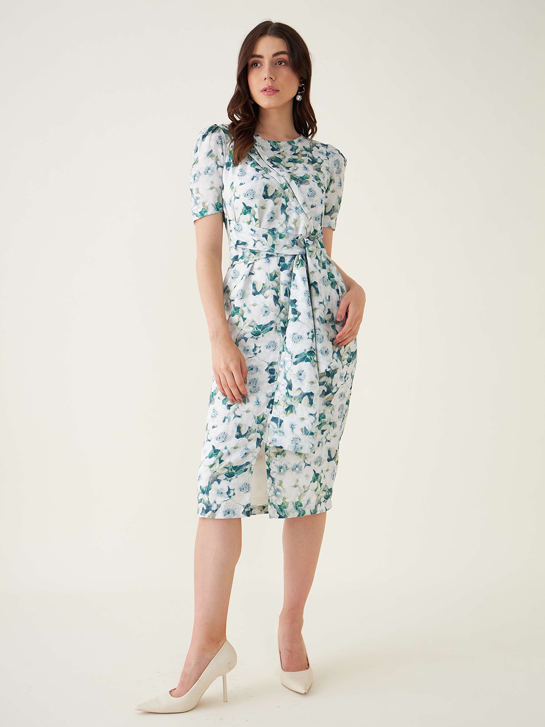 

SALT ATTIRE Floral Printed Puff Sleeve Tie-Up Neck Cotton Sheath Dress, White