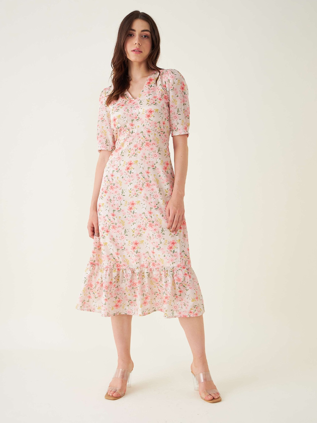 

SALT ATTIRE Floral Printed V-Neck Puff Sleeve Crepe A-Line Midi Dress, Beige