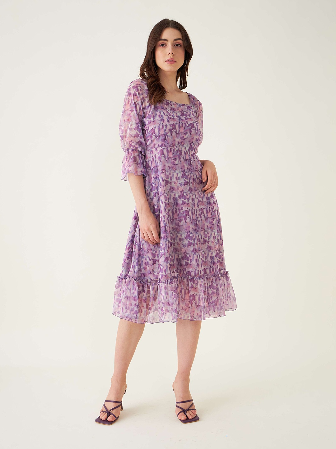 

SALT ATTIRE Abstract Printed Square Neck Bell Sleeve Pleated Fit & flare Dress, Purple