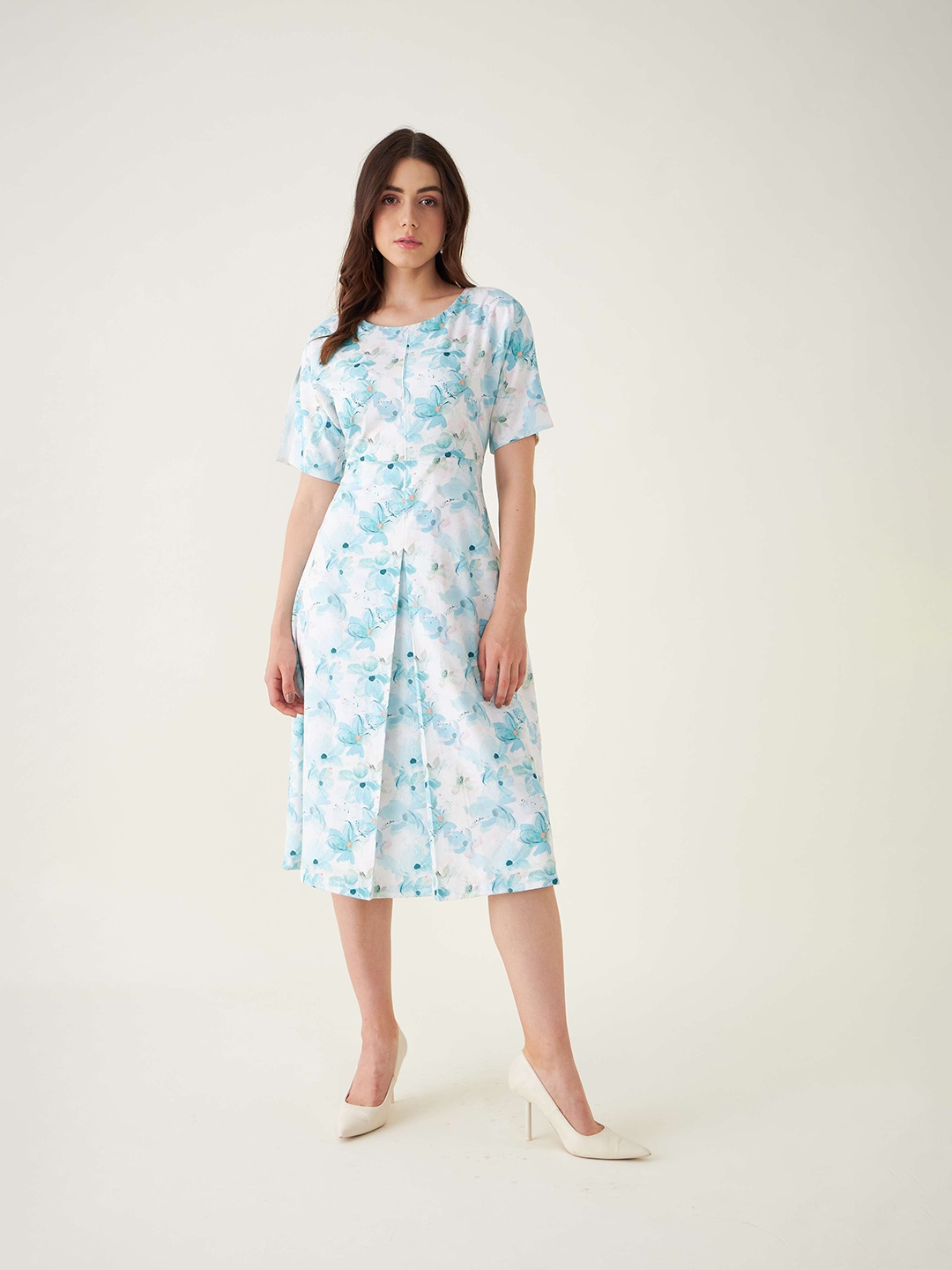 

SALT ATTIRE Floral Printed Crepe A-Line Midi Dress, Blue