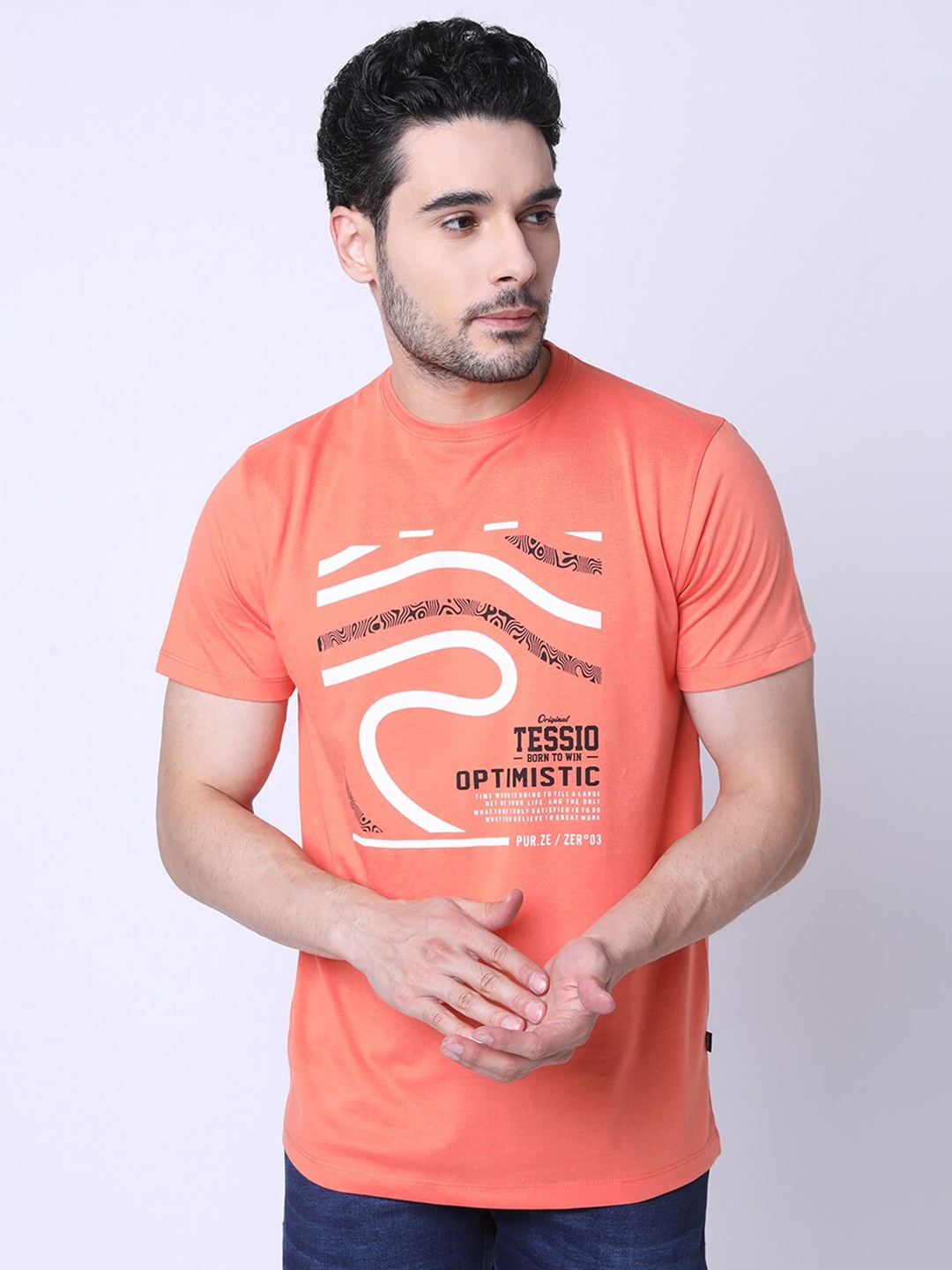 

TESSIO Graphic Printed Round Neck Cotton T-shirt, Orange