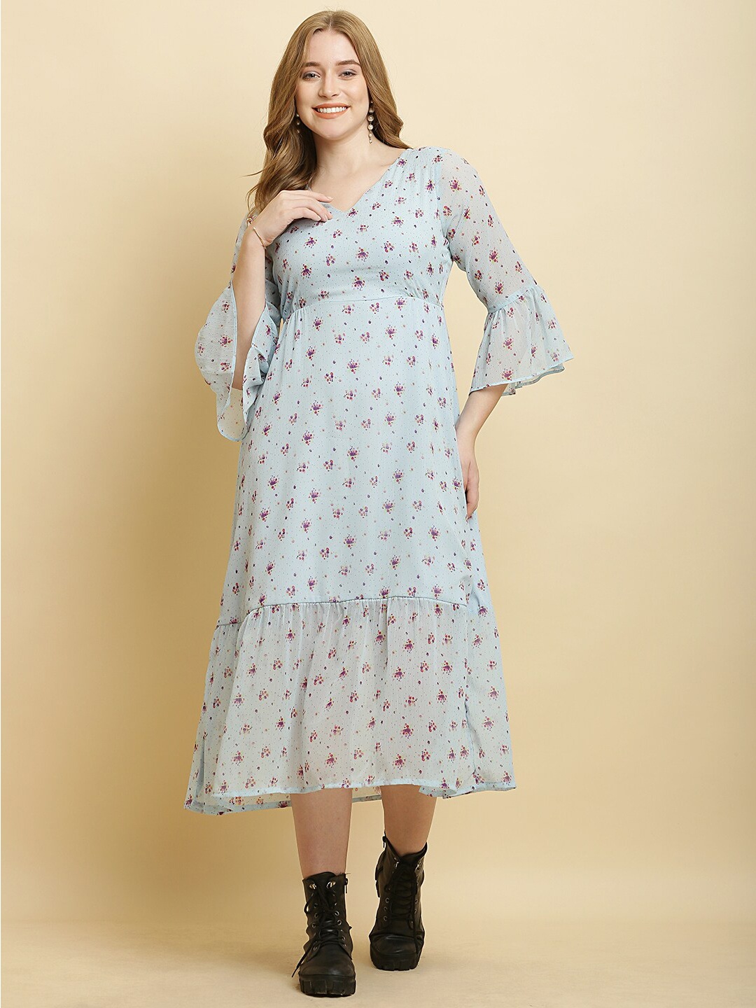 

HERE&NOW Blue Floral Printed Flared Sleeve Chiffon Empire Midi Dress