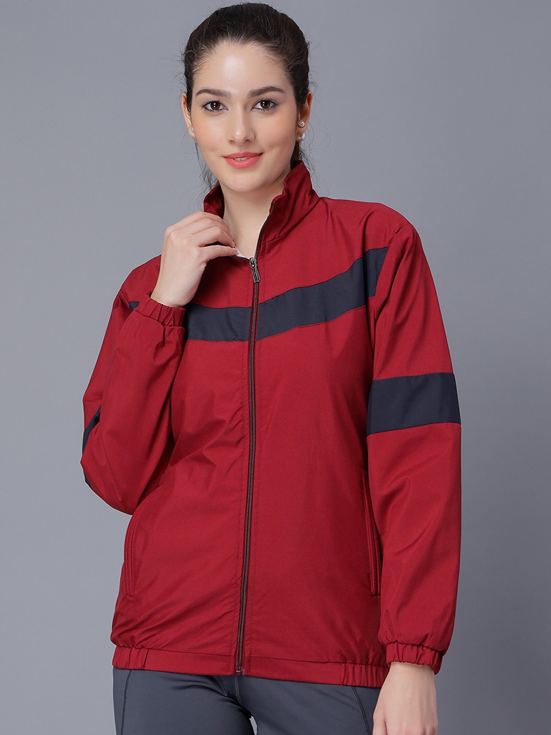 

NUEVOSDAMAS Striped Stand Collar Bomber Jacket, Maroon