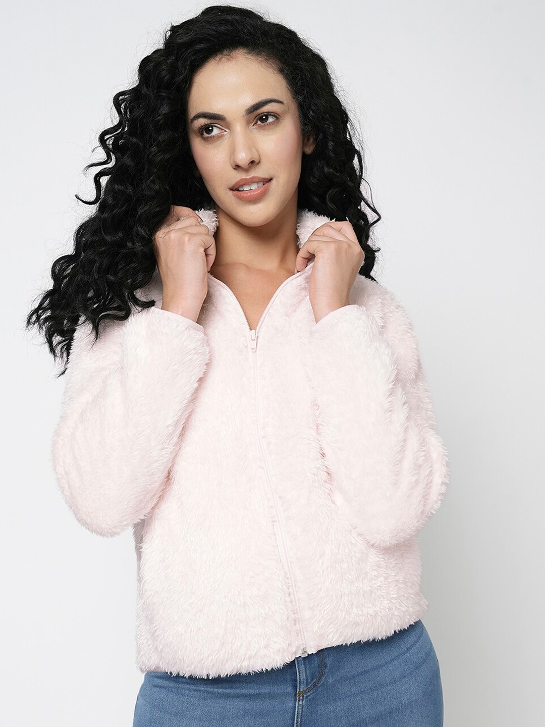 

Vero Moda Self Design Mock Collar Faux Fur Trim Detail Lightweight Bomber Jacket, Pink