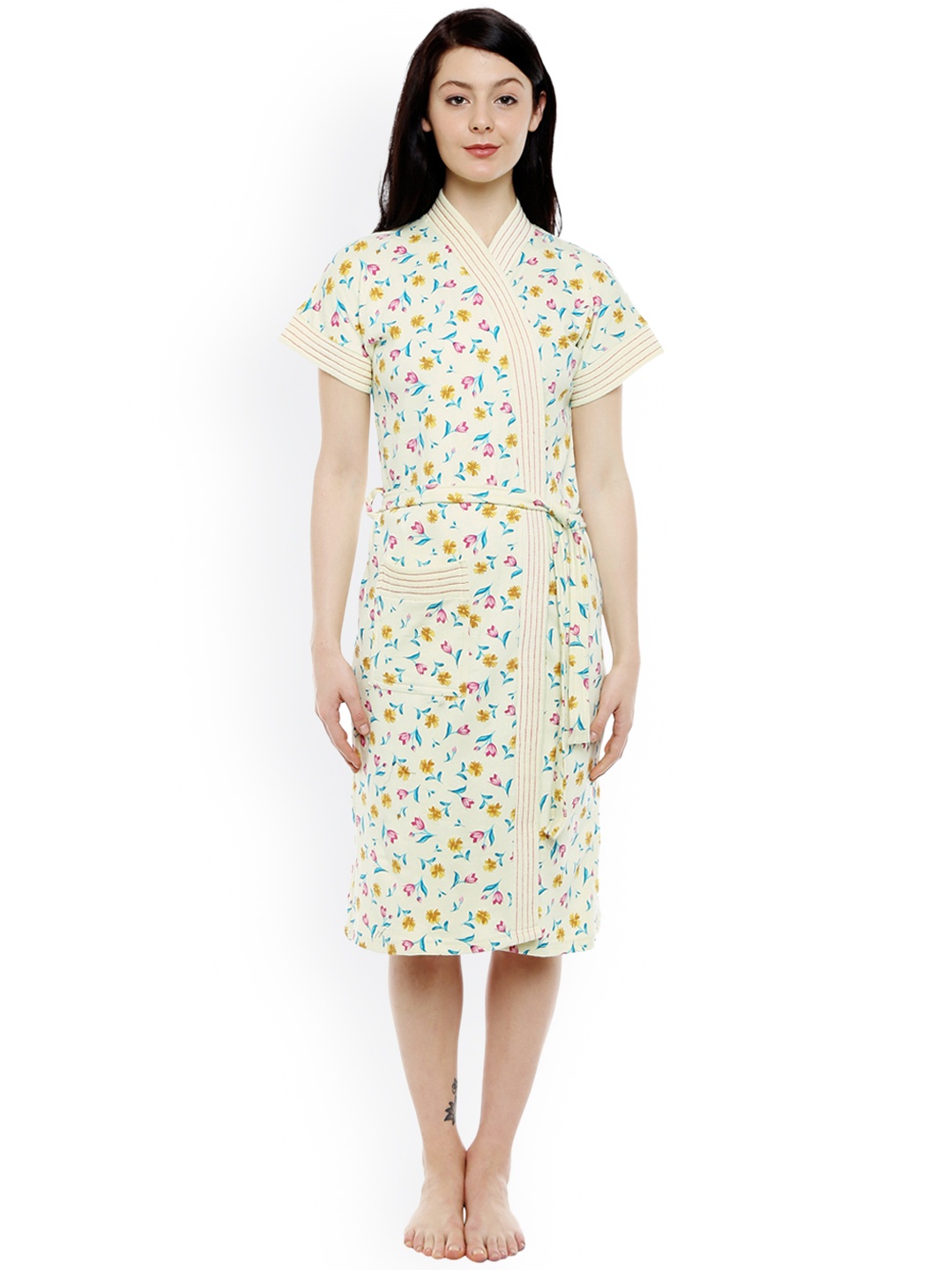 

Sand Dune Women Yellow Printed Bathrobe