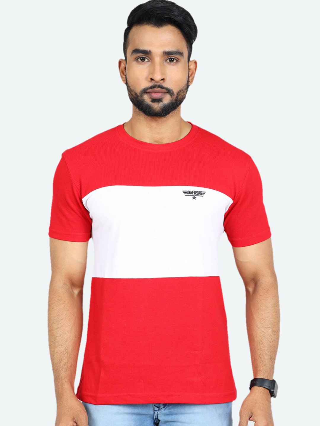

GAME BEGINS Colourblocked Round Neck Short Sleeves Pure Cotton T-shirt, Red