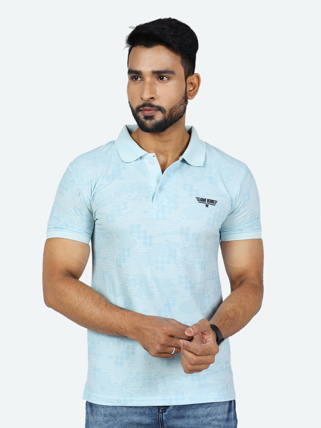 

GAME BEGINS Printed Cotton Polo Collar T-shirt, Blue