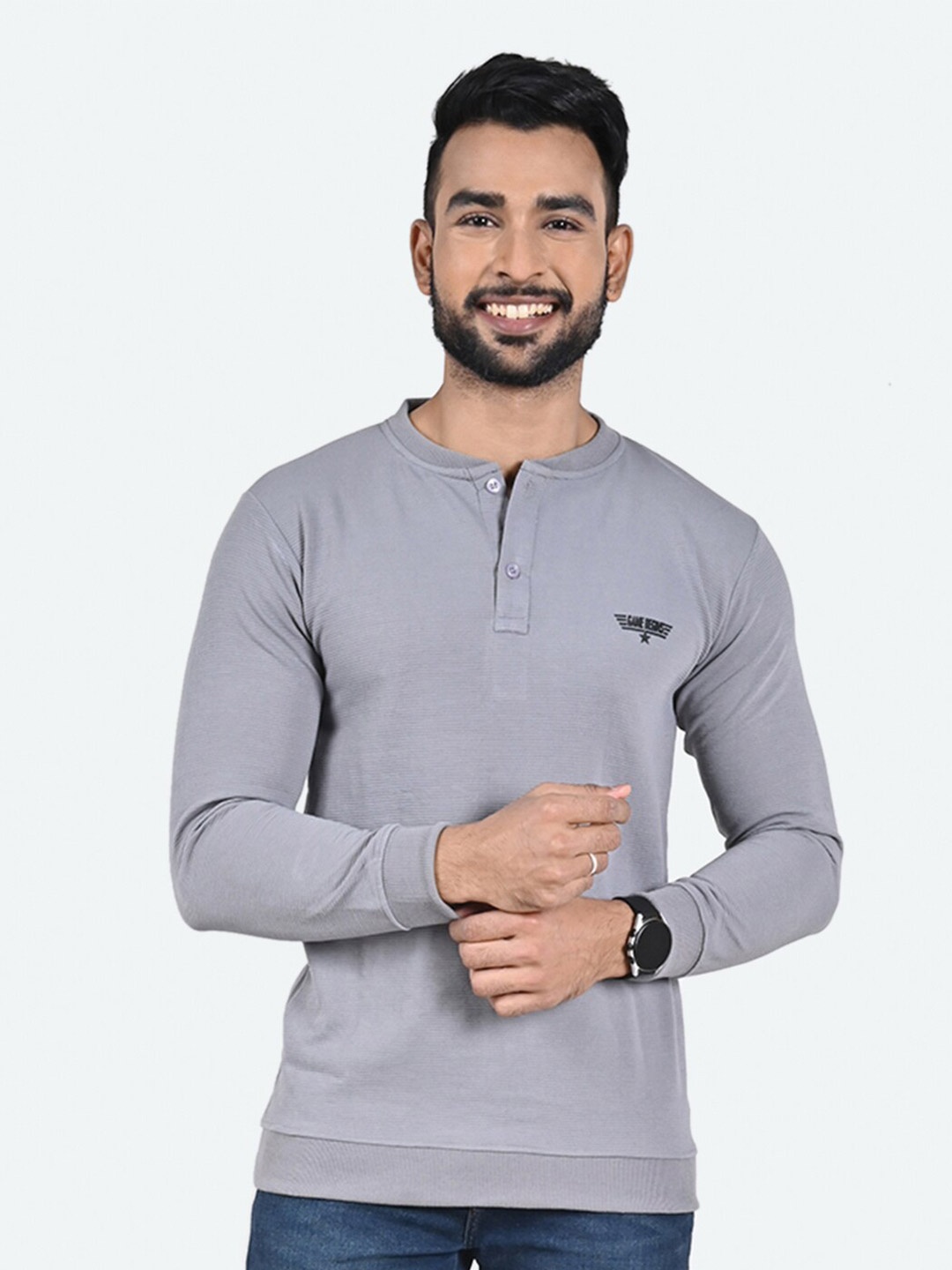 

GAME BEGINS Cotton Henley Neck T-shirt, Grey