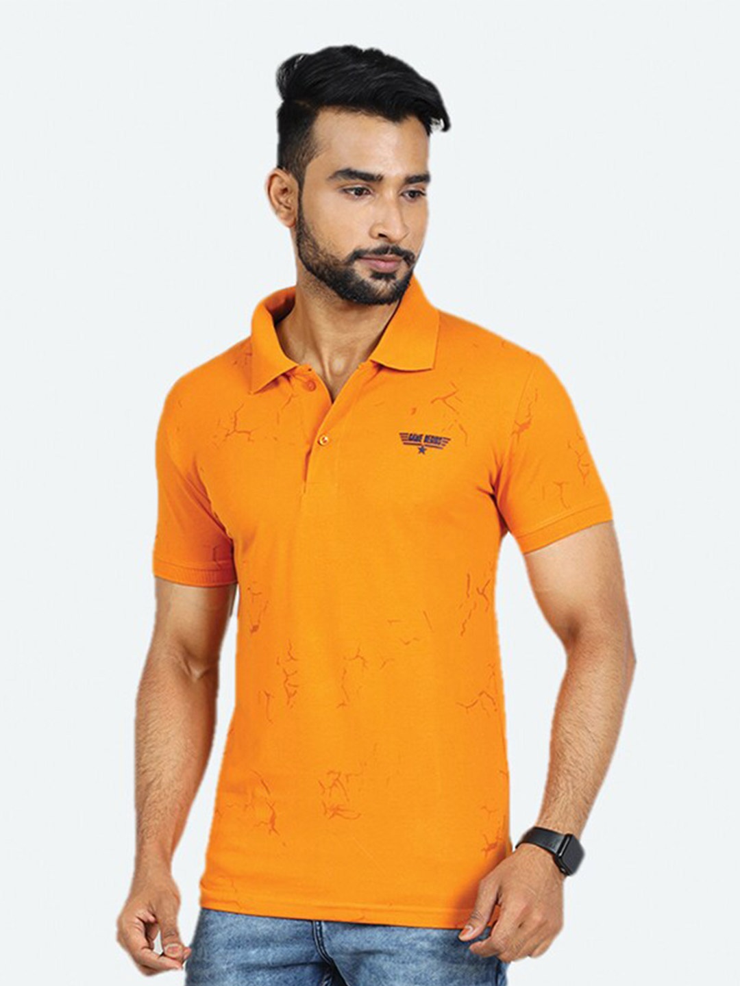 

GAME BEGINS Printed Cotton Polo Collar T-shirt, Orange