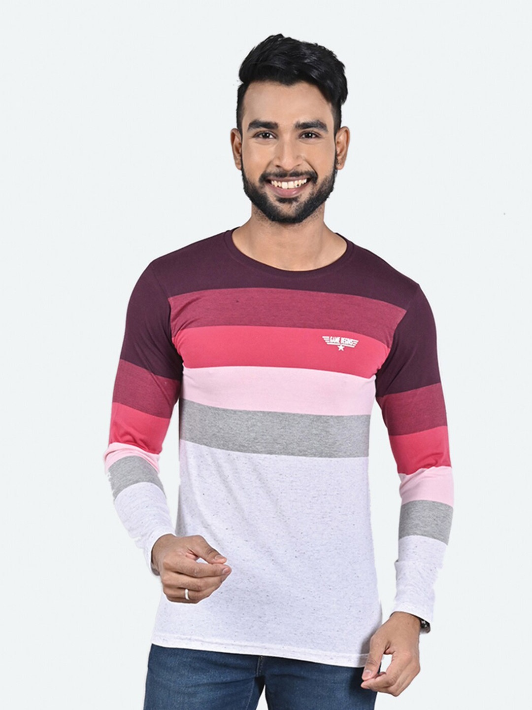 

GAME BEGINS Striped Long Sleeves Pure Cotton T-shirt, Red
