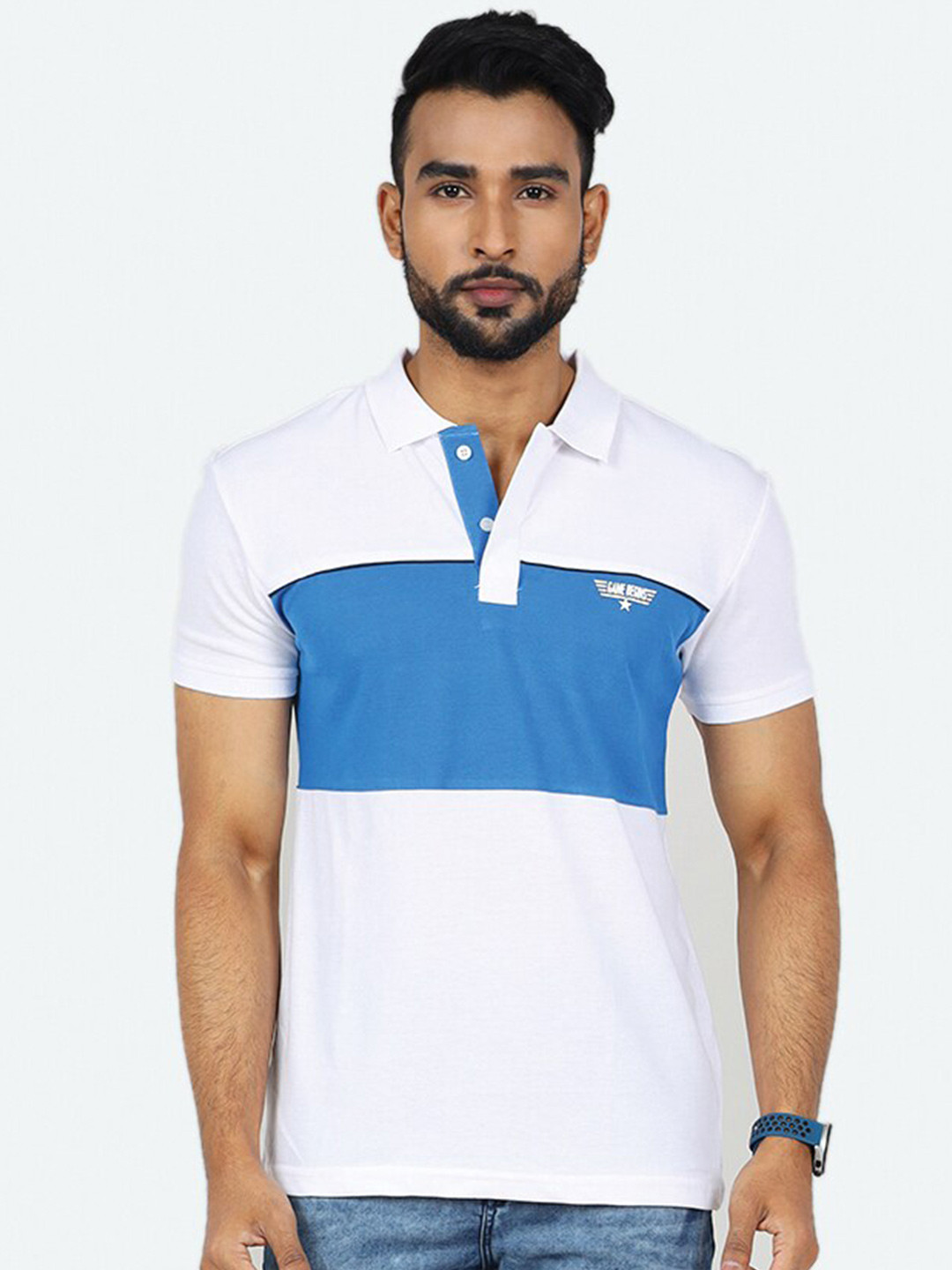 

GAME BEGINS Colourblocked Polo Collar Pure Cotton T-shirt, White