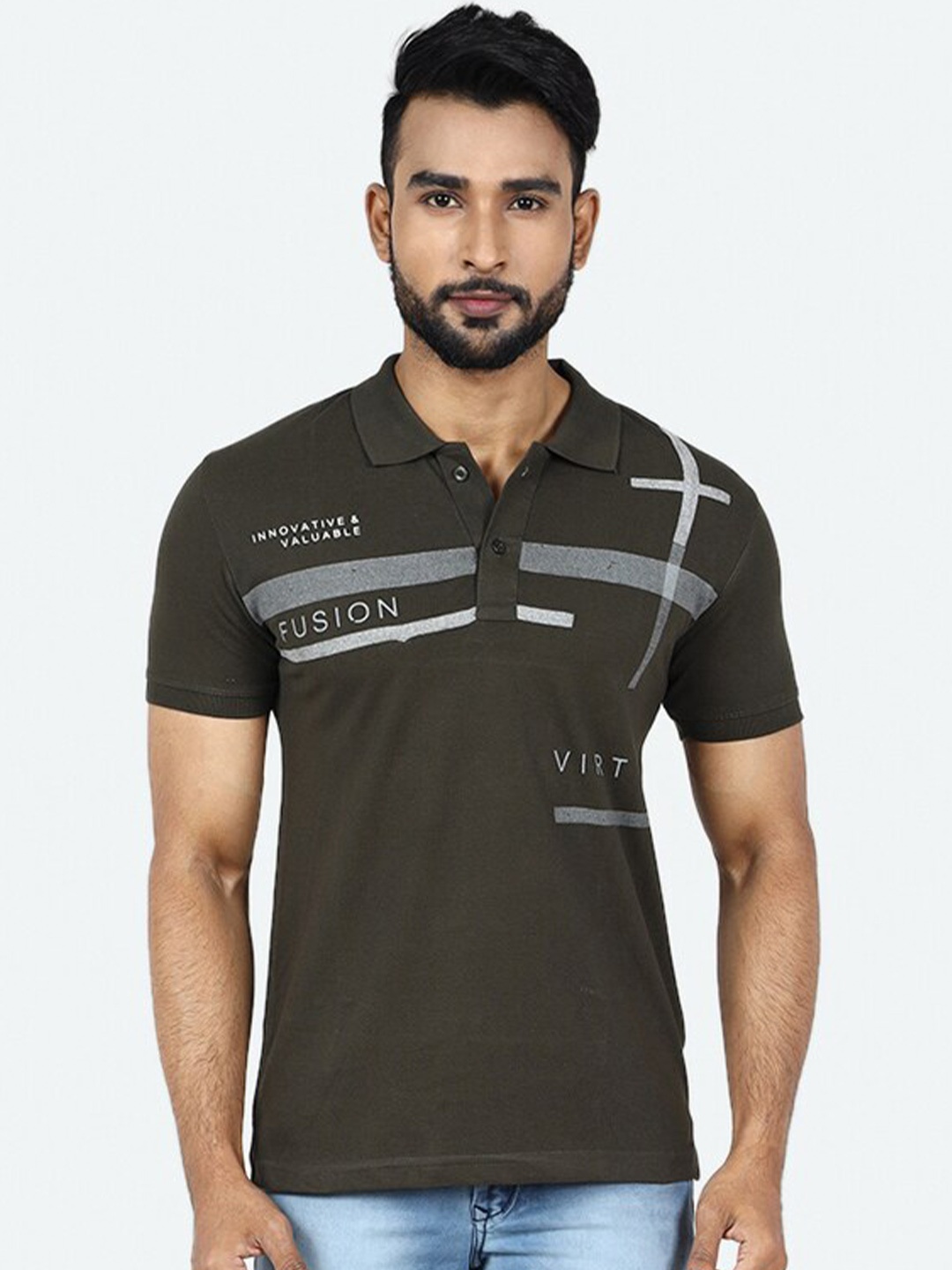

GAME BEGINS Printed Pure Cotton Polo Collar T-shirt, Olive