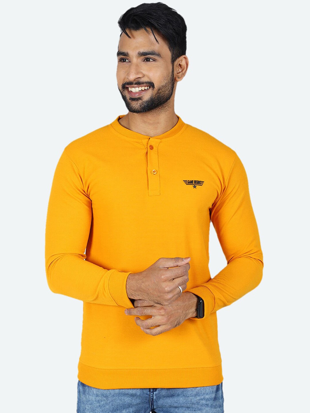 

GAME BEGINS Henley Neck Long Sleeves Pure Cotton T-shirt, Yellow