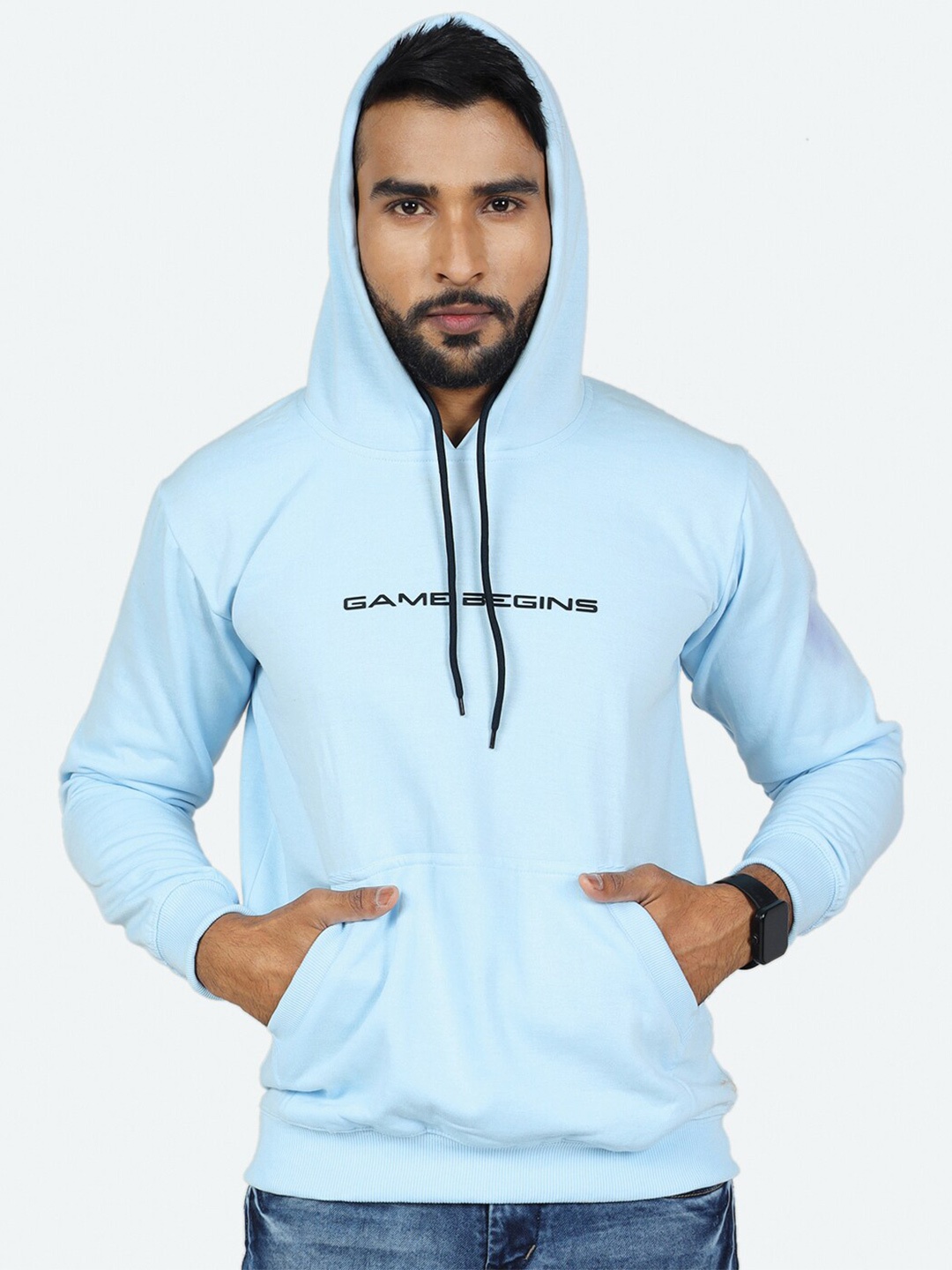 

GAME BEGINS Typography Printed Hooded Long Sleeves Fleece Pullover Sweatshirt, Blue