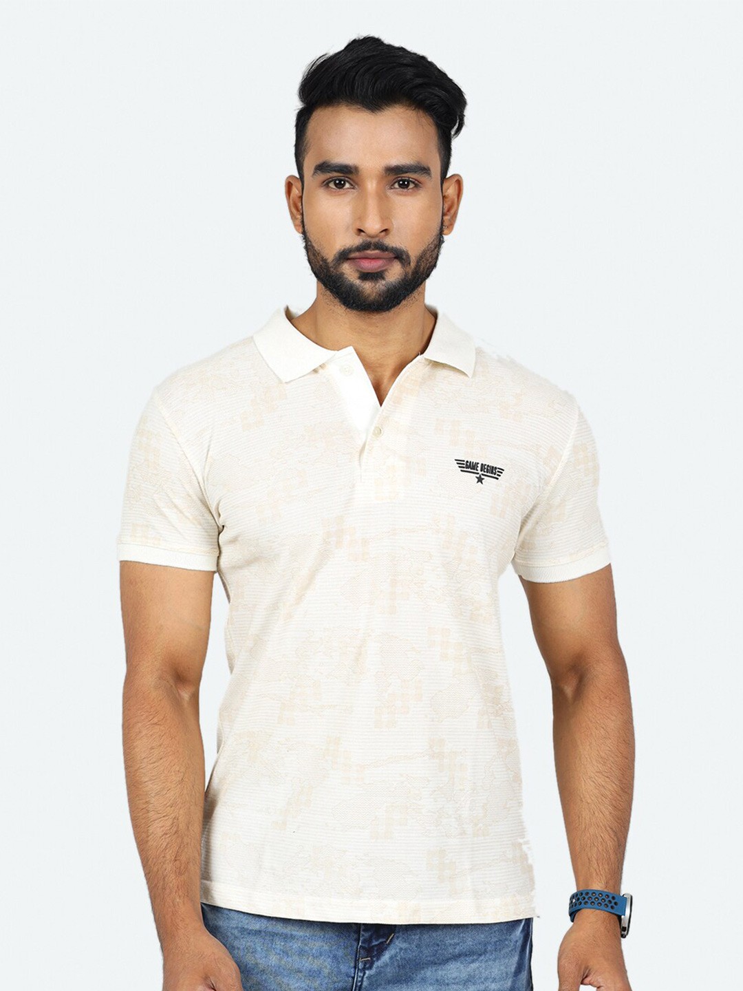 

GAME BEGINS Abstract Printed Polo Collar Pure Cotton T-shirt, Cream