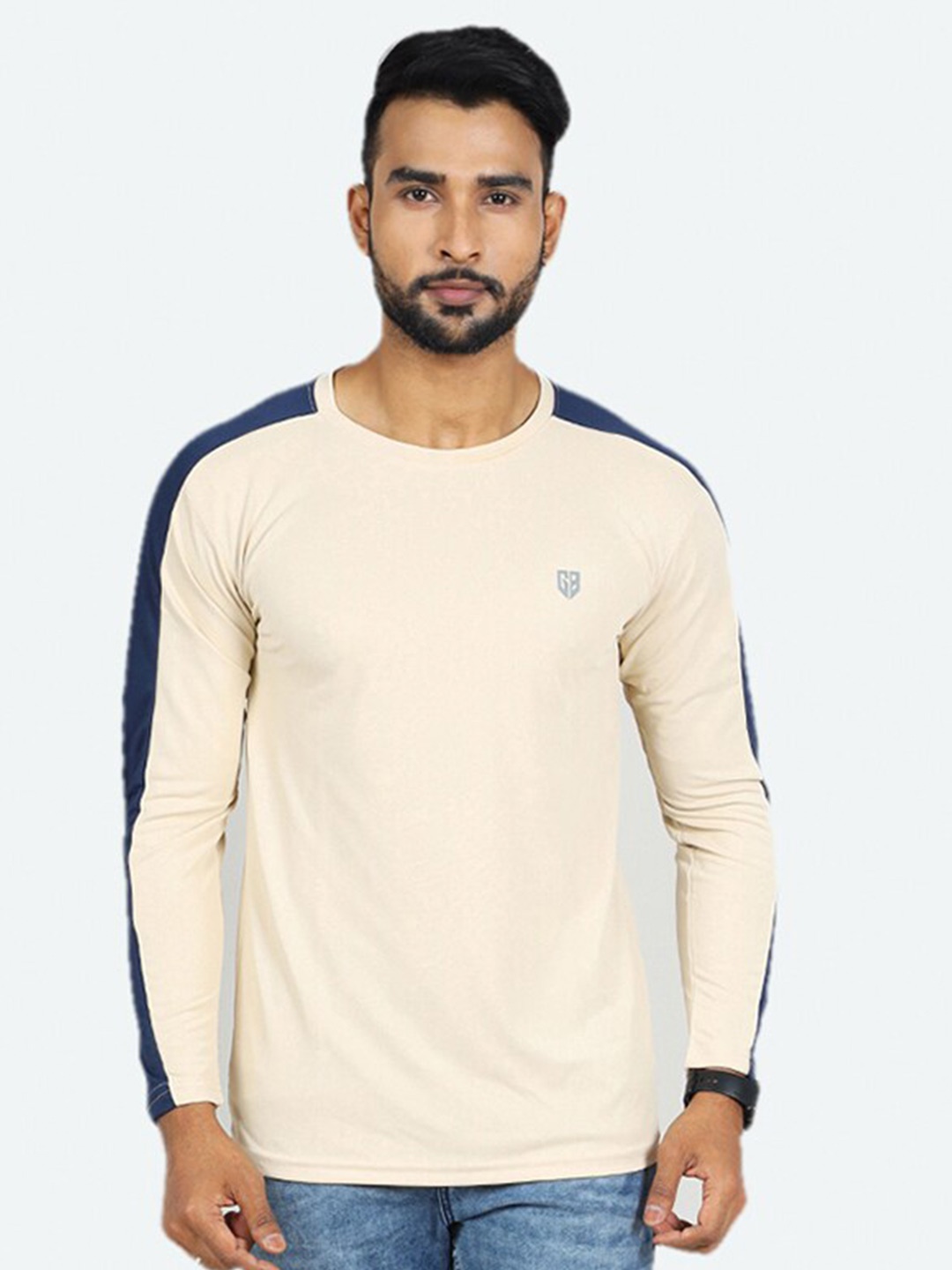 

GAME BEGINS Colourblocked Round Neck Long Sleeves T-shirt, Beige