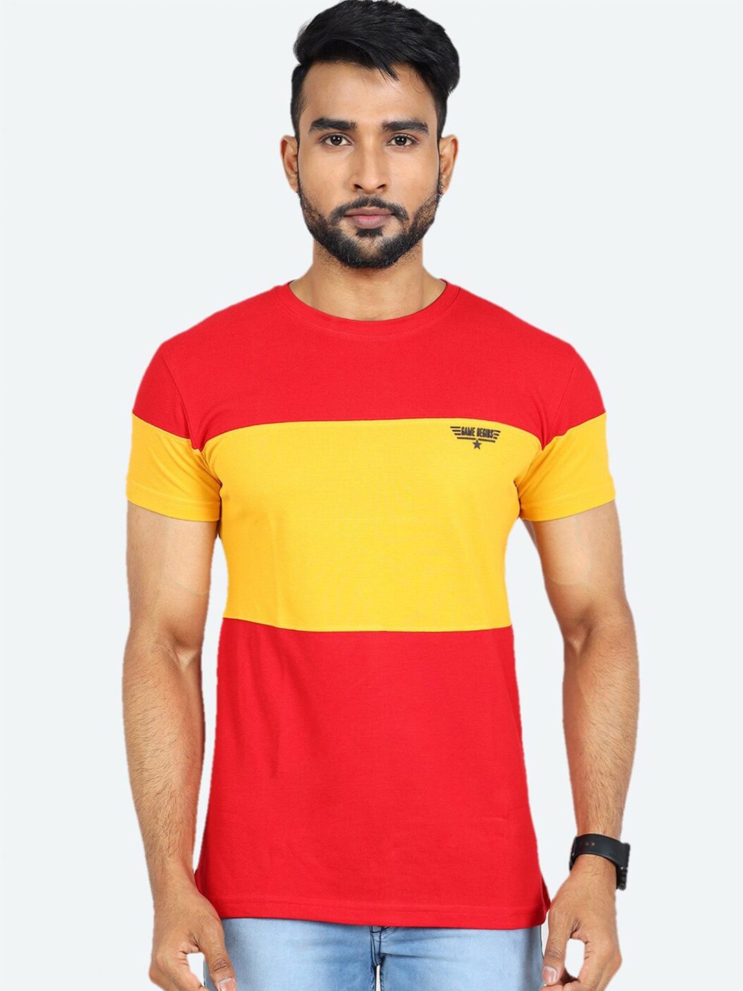 

GAME BEGINS Colourblocked Round Neck Short Sleeves Pure Cotton T-shirt, Red