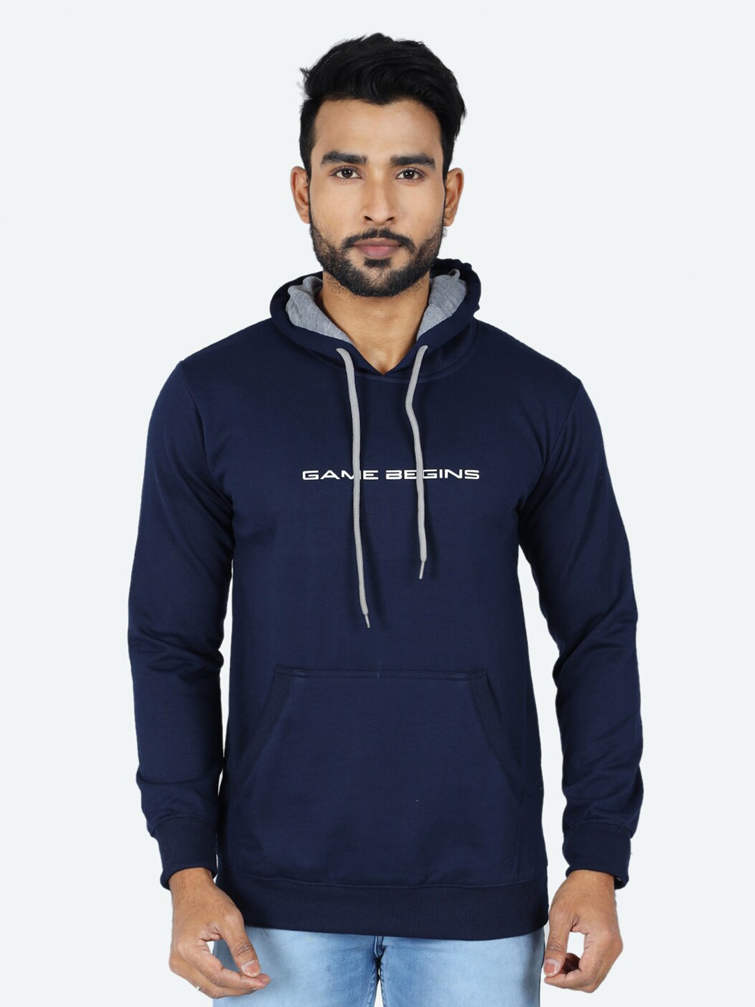 

GAME BEGINS Typography Printed Hooded Long Sleeves Fleece Pullover Sweatshirt, Blue