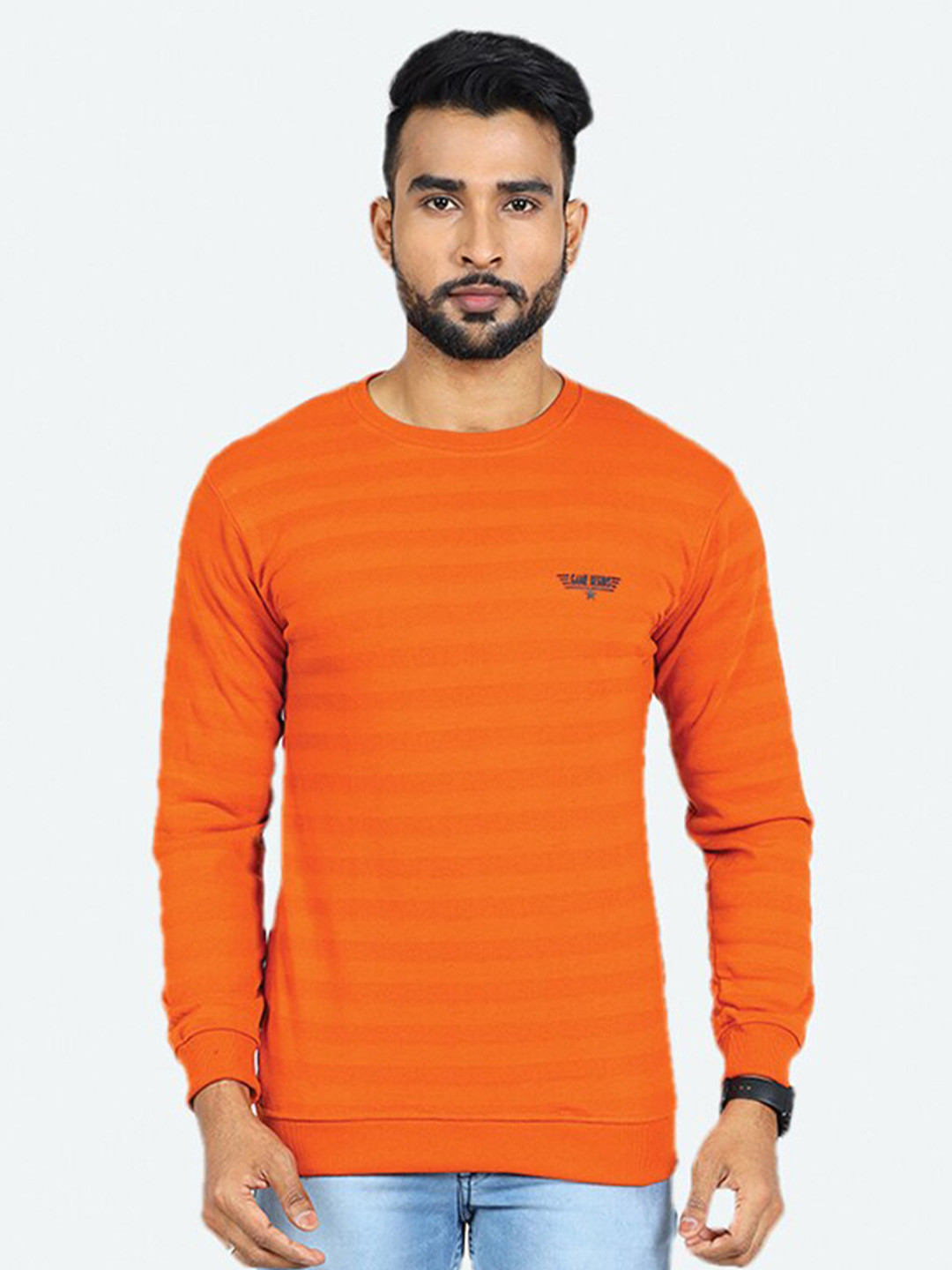 

GAME BEGINS Striped Round Neck Fleece Sweatshirt, Rust