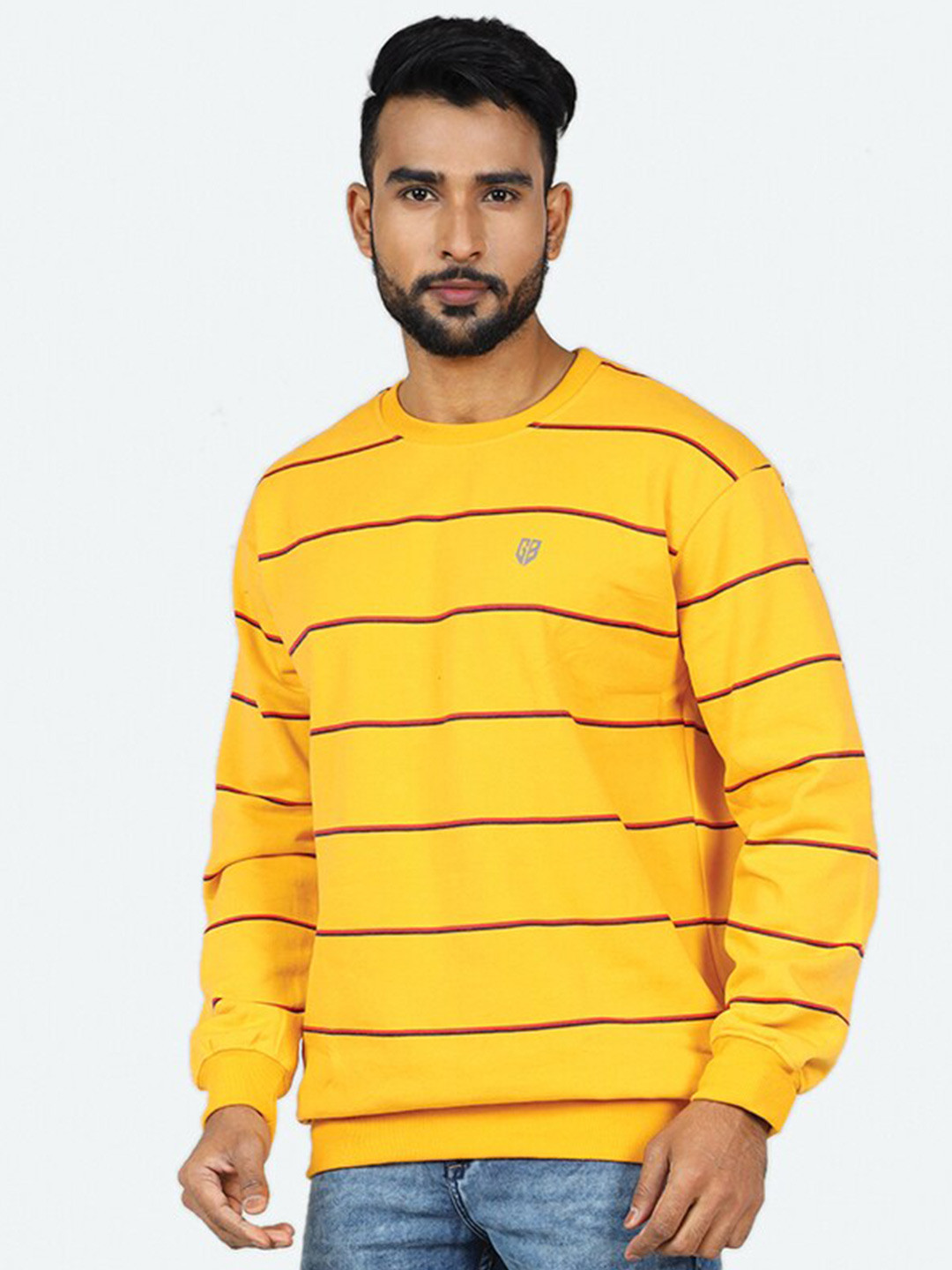 

GAME BEGINS Striped Round Neck Fleece Sweatshirt, Yellow