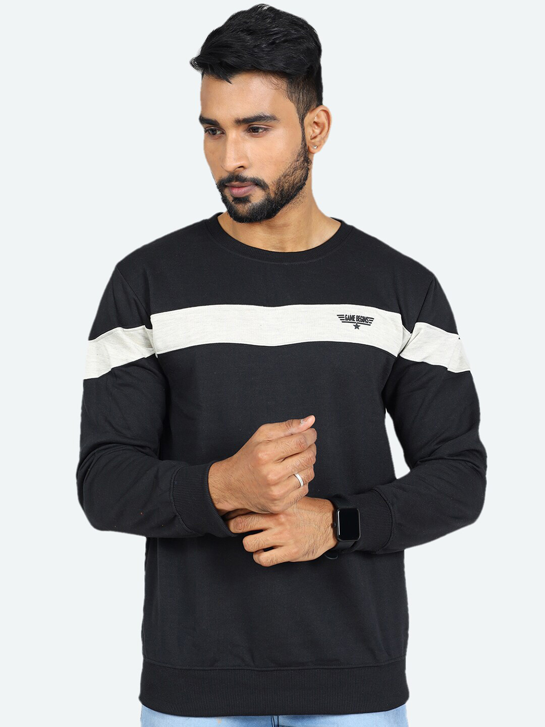 

GAME BEGINS Striped Round Neck Long Sleeves Fleece Pullover Sweatshirt, Black