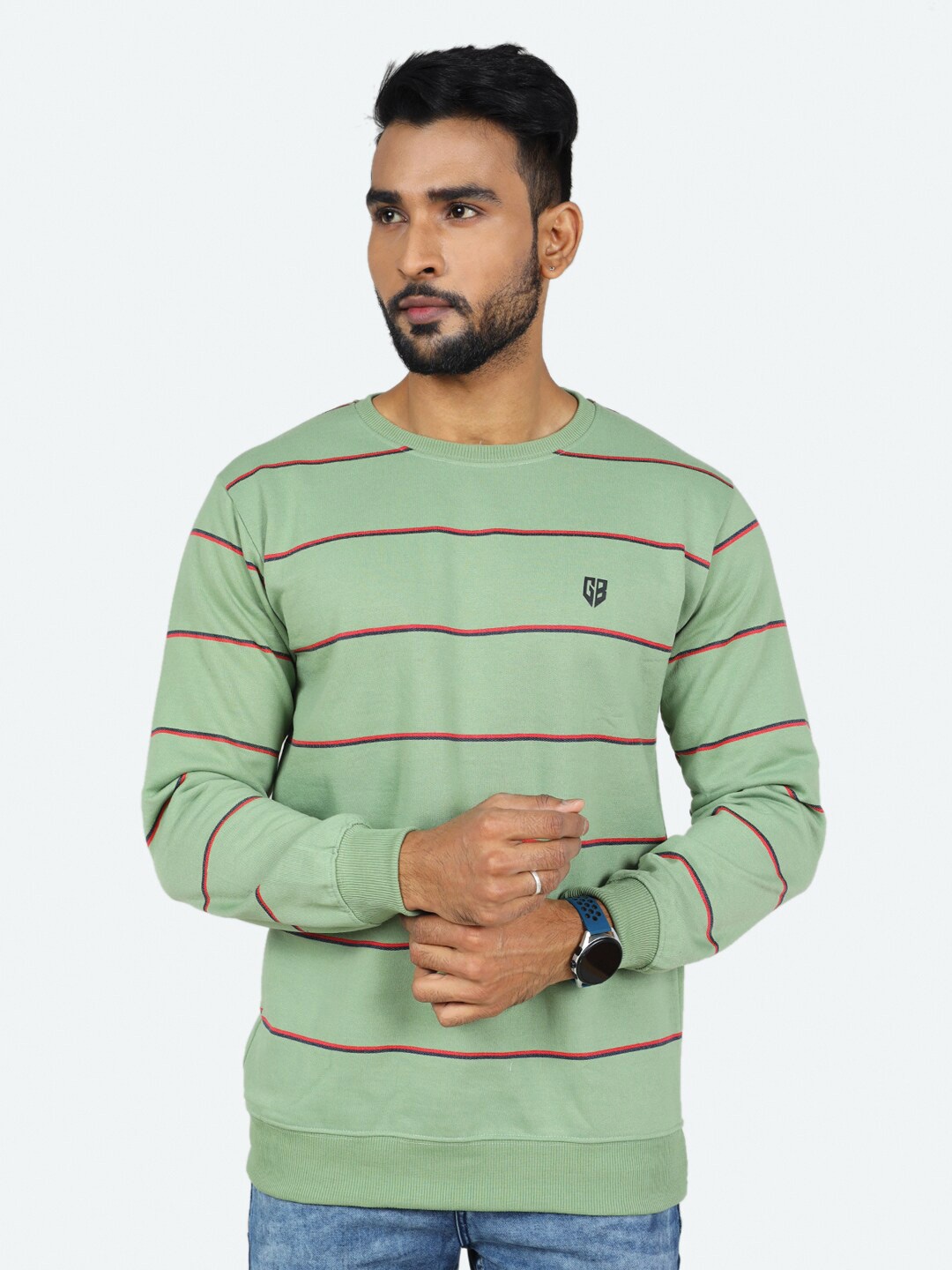 

GAME BEGINS Striped Round Neck Fleece Sweatshirt, Green