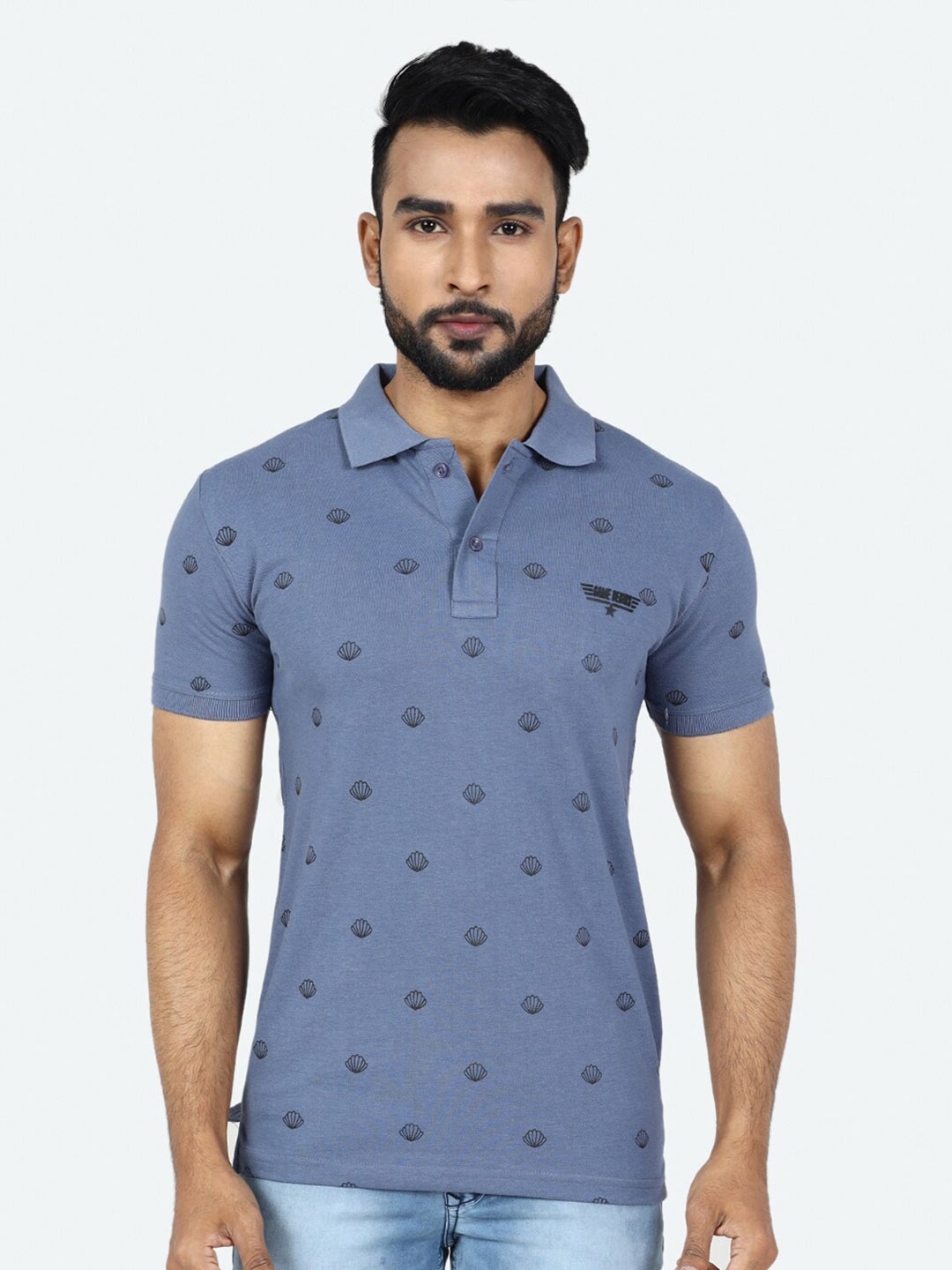 

GAME BEGINS Conversational Printed Polo Collar Pure Cotton T-shirt, Grey