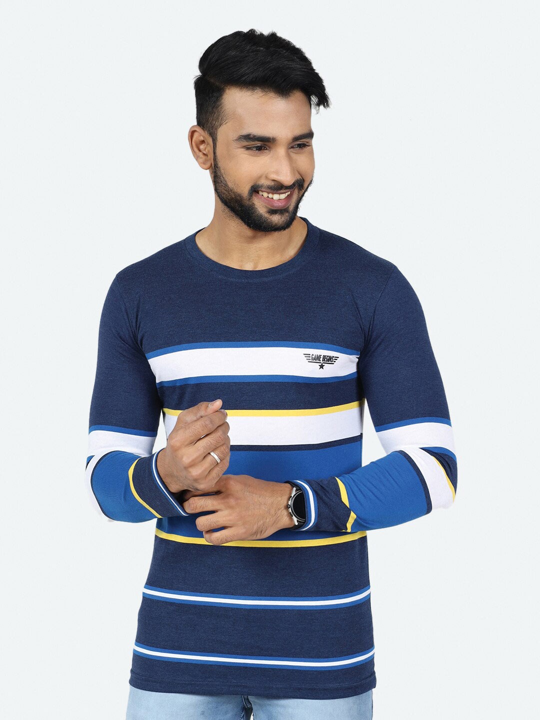 

GAME BEGINS Striped Long Sleeves Pure Cotton T-shirt, Navy blue
