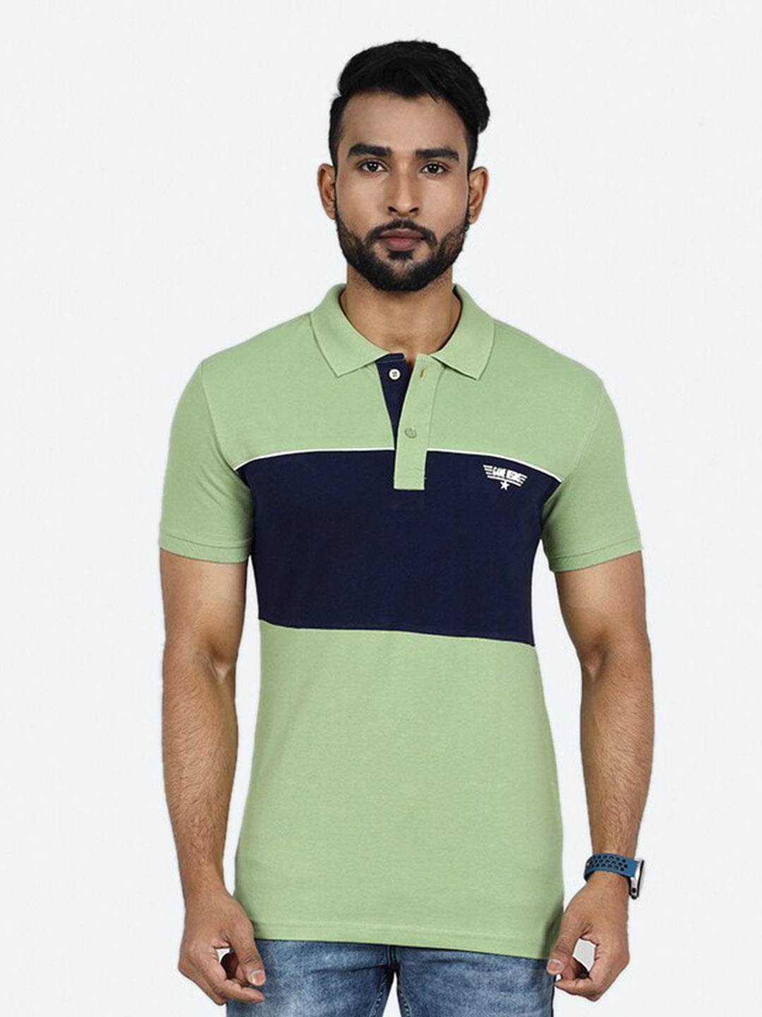 

GAME BEGINS Colourblocked Polo Collar Pure Cotton T-shirt, Green