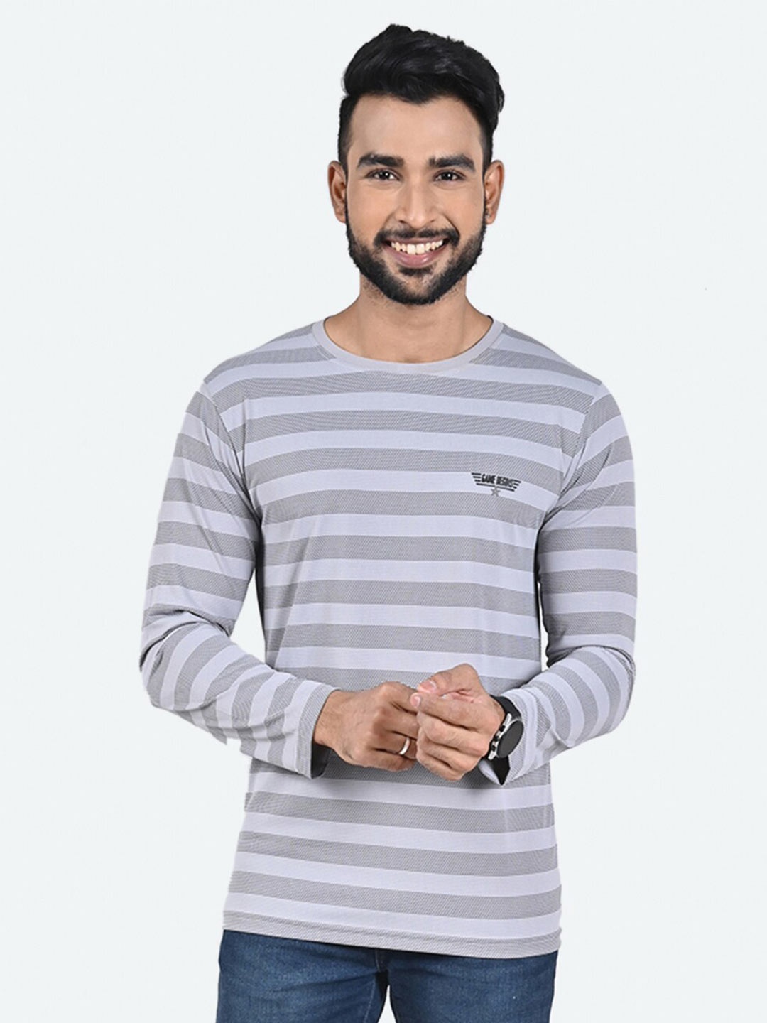 

GAME BEGINS Striped Round Neck Long Sleeves T-shirt, Grey