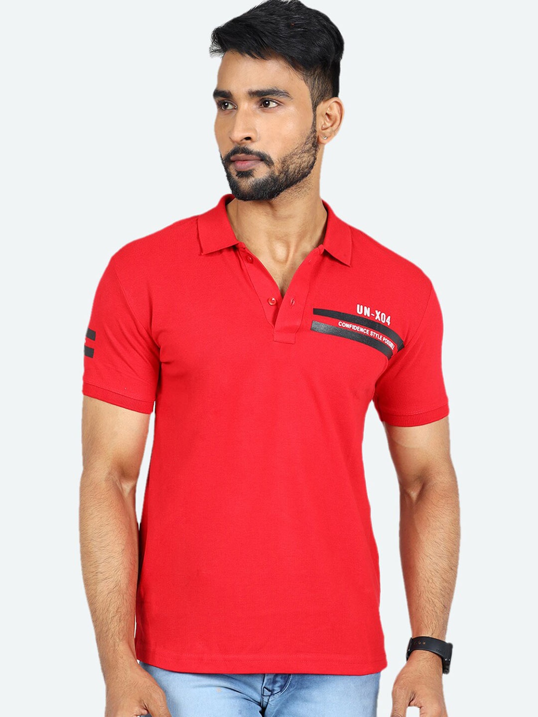 

GAME BEGINS Typography Printed Polo Collar Pure Cotton T-shirt, Red