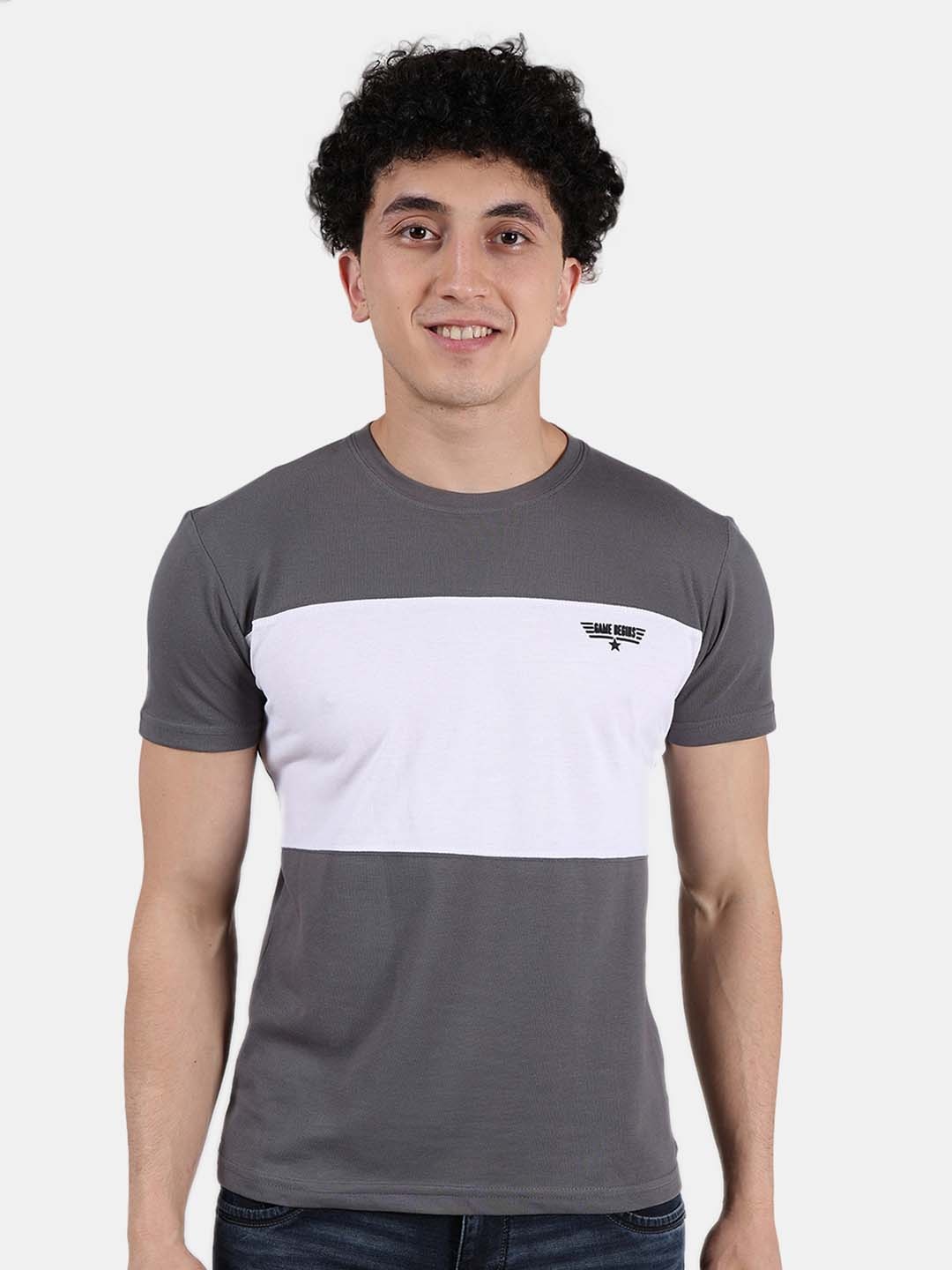 

GAME BEGINS Men Grey Colourblocked T-shirt